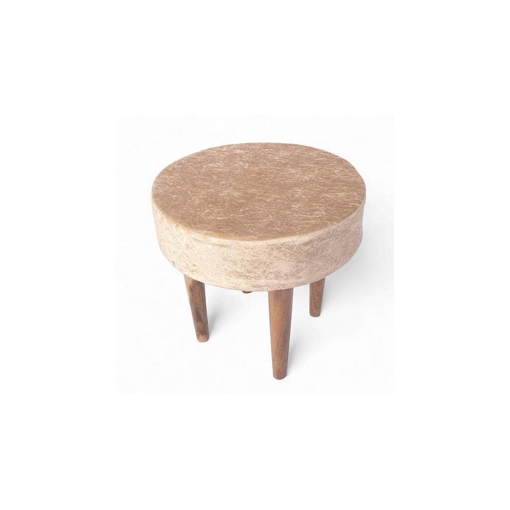 Nayla Solid Wood Stool in Ivory Sparkle Velvet Fabric