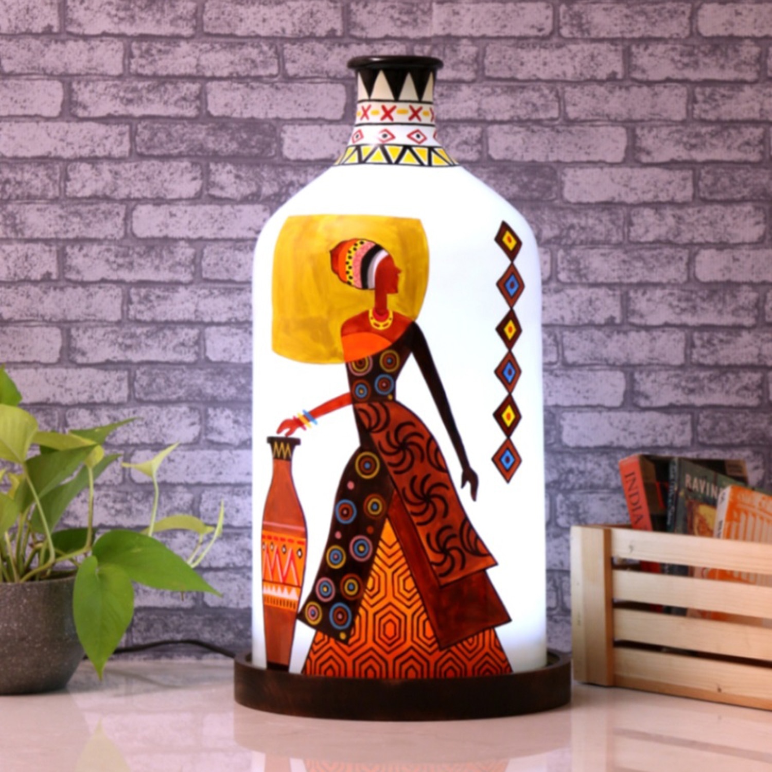 Hand Painted Laurentia Red White Glass Shade Table Lamp with Wooden Base - Posh N Plush