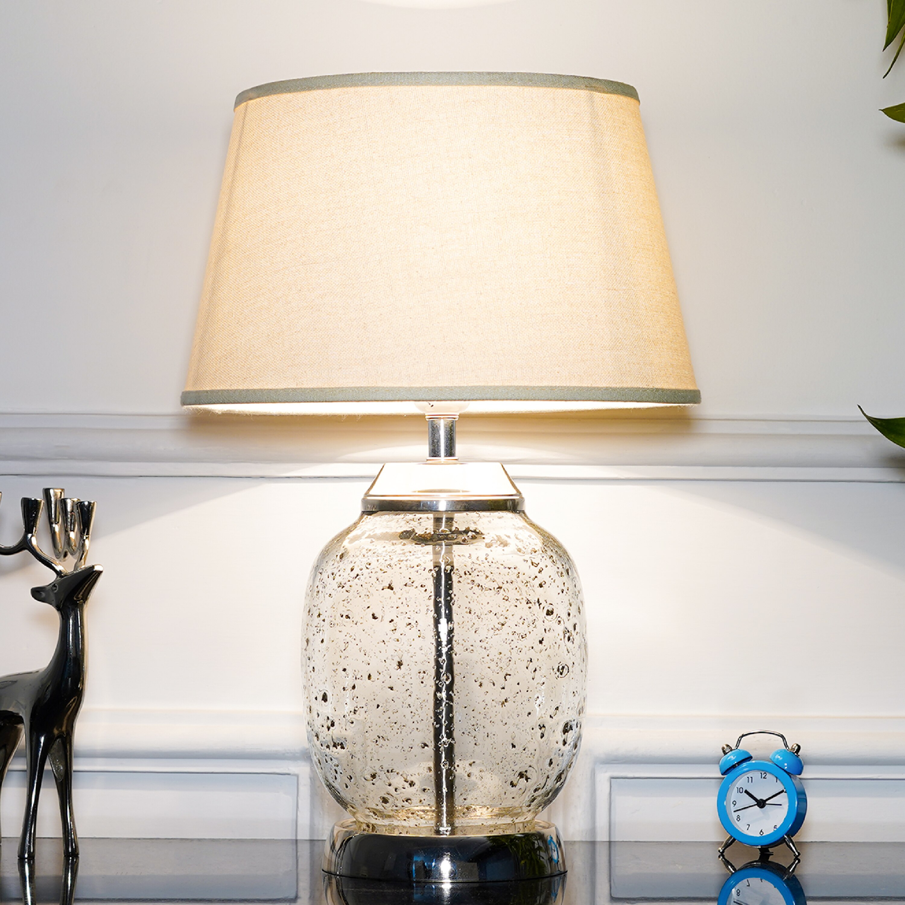Secret Glass and Metal Table Lamp With White Cotton Shade