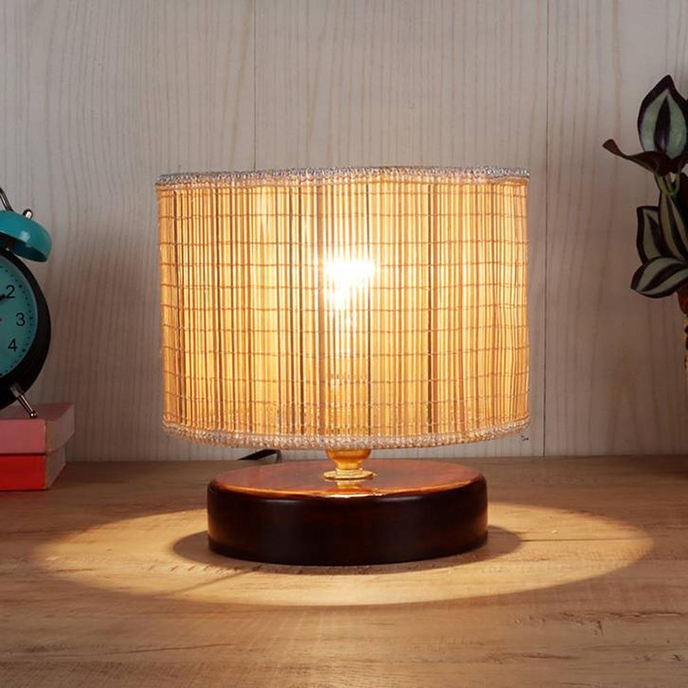 Graham Beige Bamboo Shade Table Lamp with Brown Wooden Base