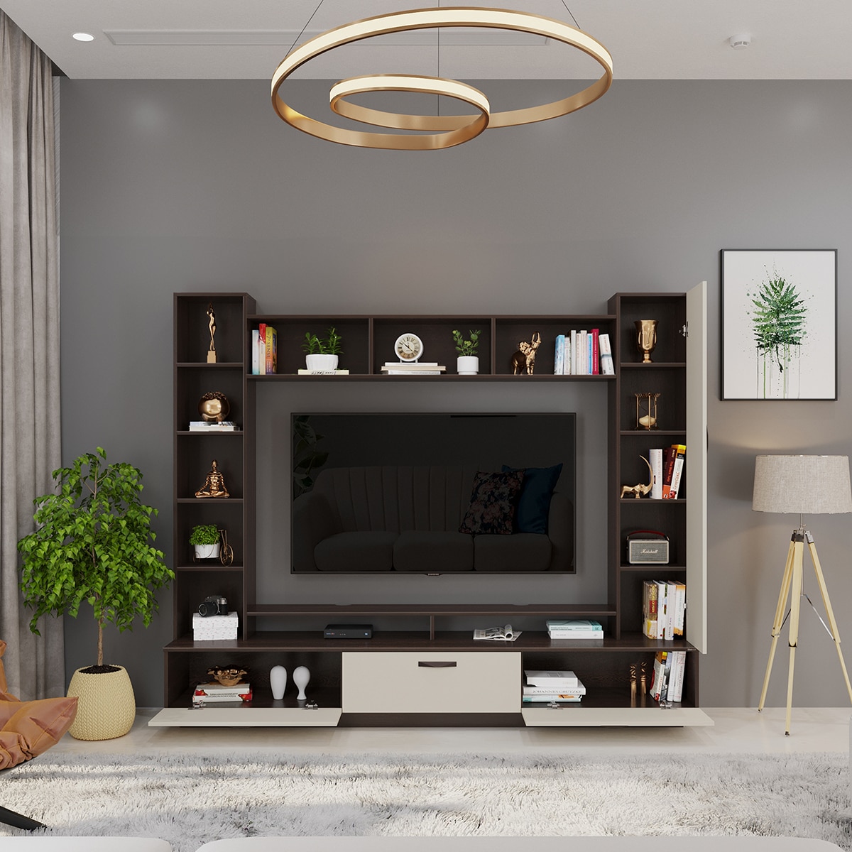 BLUEWUD Fenily Engineering Wood Floor Standing TV Entertainment Unit Set Top Box Stand/TV Cabinet Panel with Shelves for Books & D�cor Display Unit Bed Living Room Upto 60 Inches (Wenge & White)