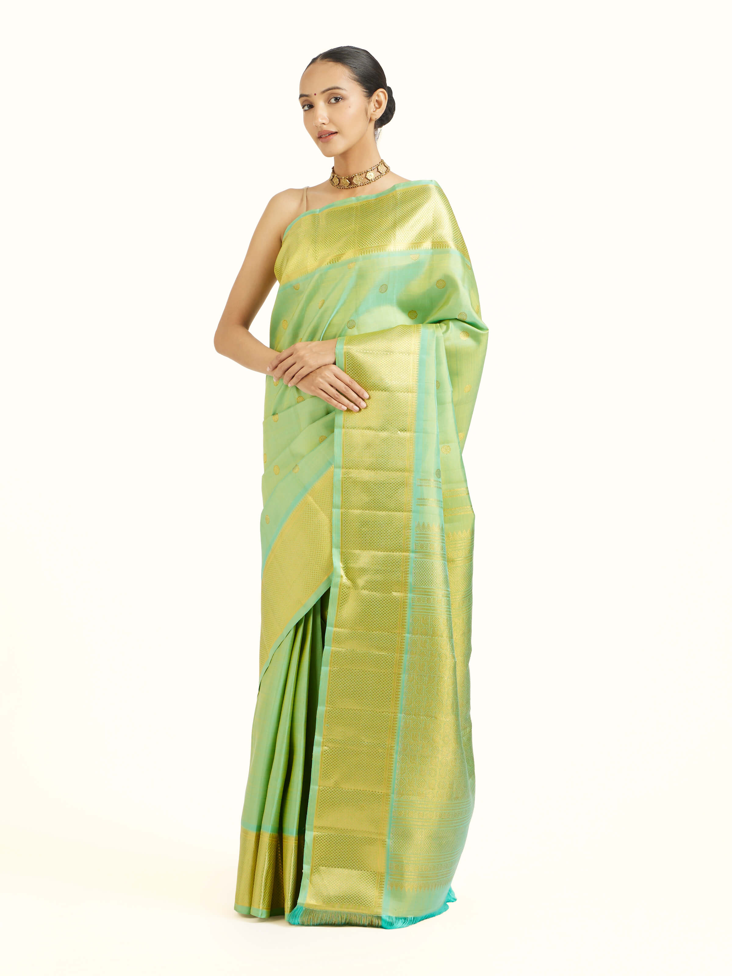 Side view of green silk Kancheepuram saree with graceful drape and contrast border