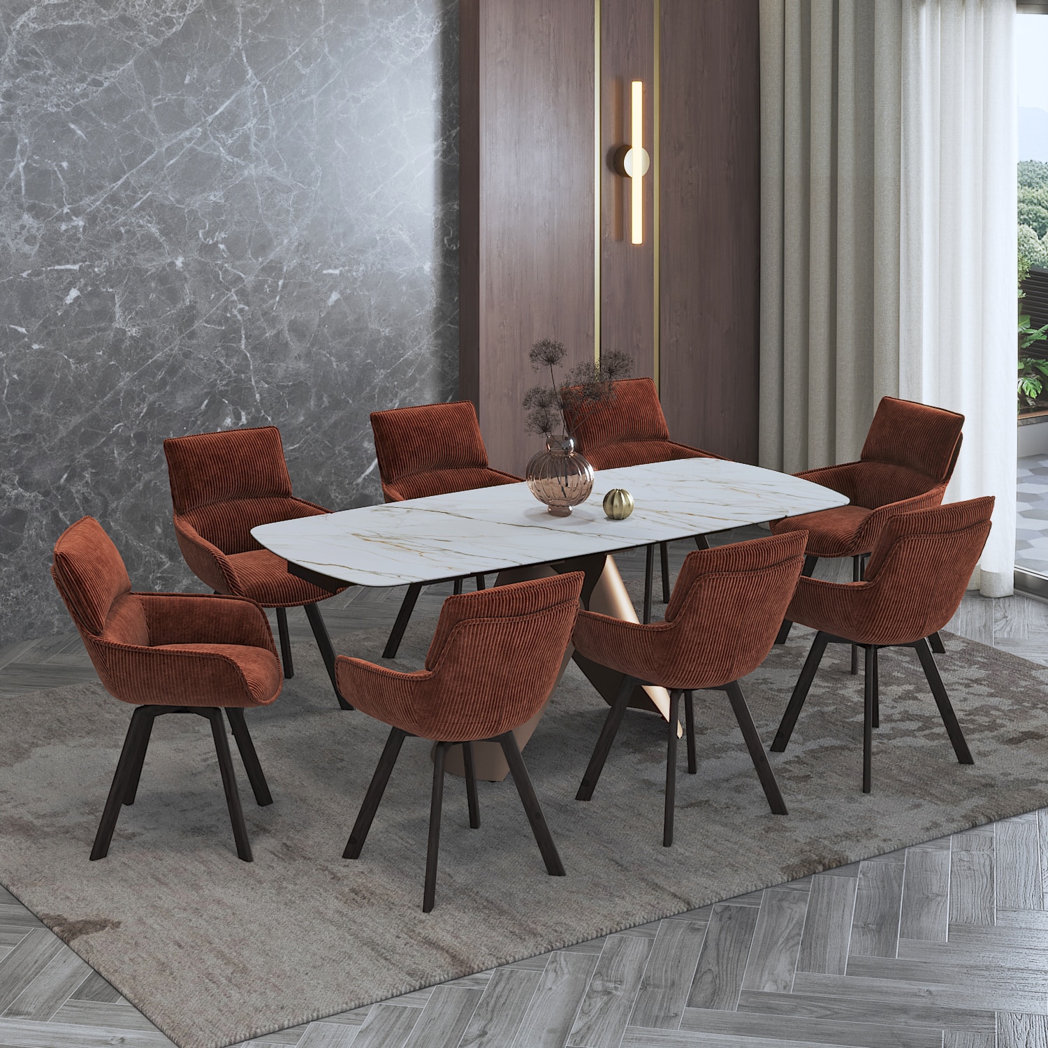 Aeris Ceramic 6 To 8 Seater Extendable Dining Table With 6  Bren Dining Chairs (Finish : Gilded White, Chair Colour : Auburn) - Urban Ladder
