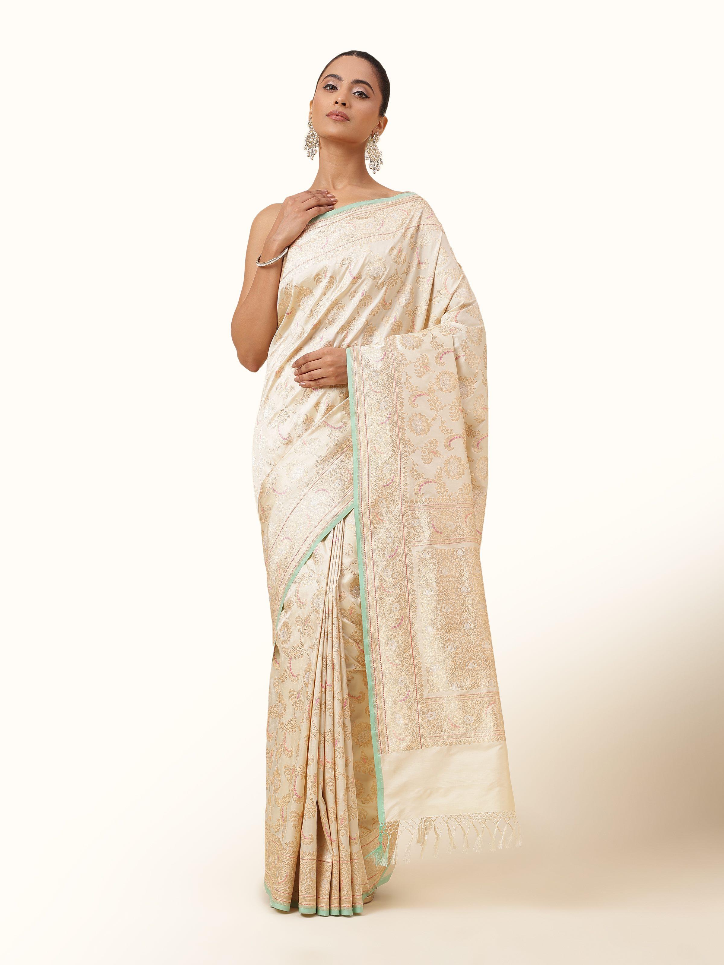 Ivory Banarasi Silk Kadwa Jaal Saree