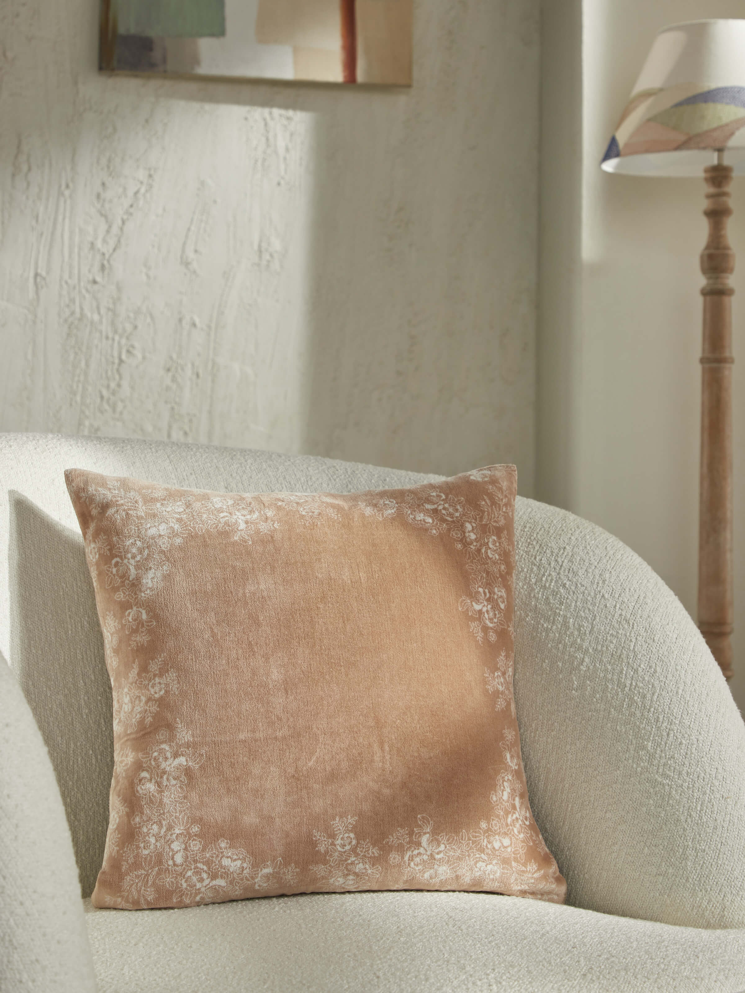 Shivranjini Beige Floral Cotton Velvet Sanganeri Hand Block Printed Cushion Cover