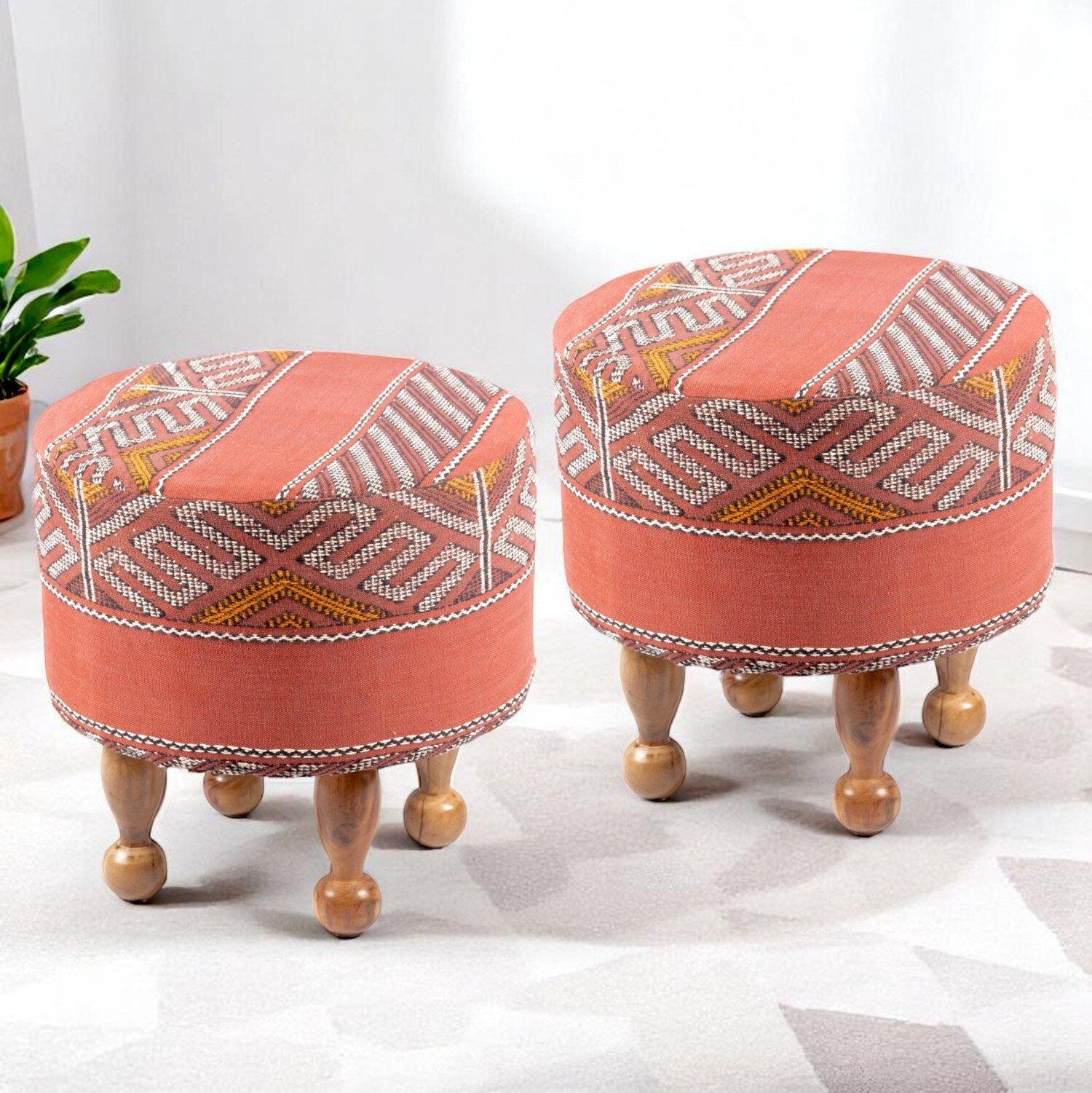 Louisville Acacia Wood Parisian Round Set of 2 Pouf Stools in Red Jacquard