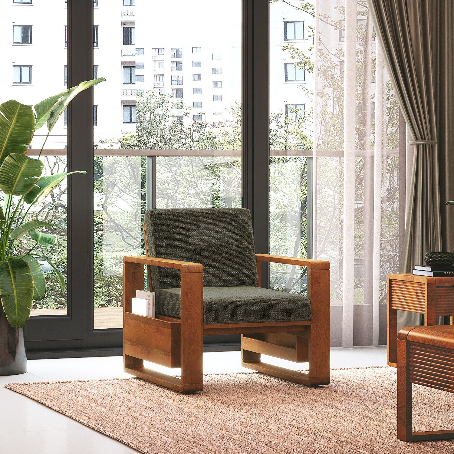 Moreno 1 Seater Solid Wood Sofa in Amber Walnut Finish and Juniper Green Fabric - Urban Ladder