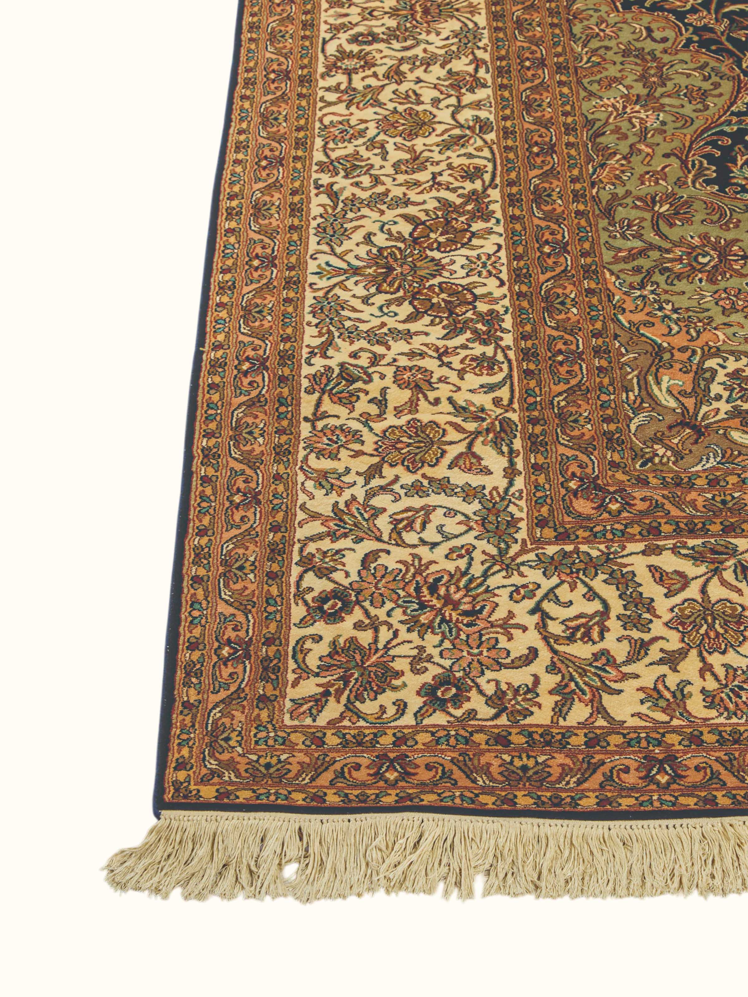 Traditional Persian Navy Ivory Kashan Kashmir Silk Hand-Knotted Carpet