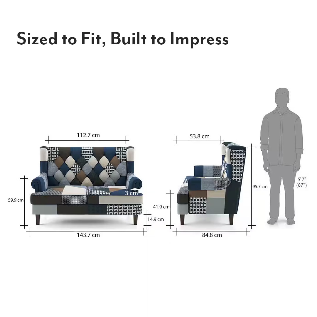 Minnelli 2 Seater Fabric Loveseat In Indigo Patch Work Colour