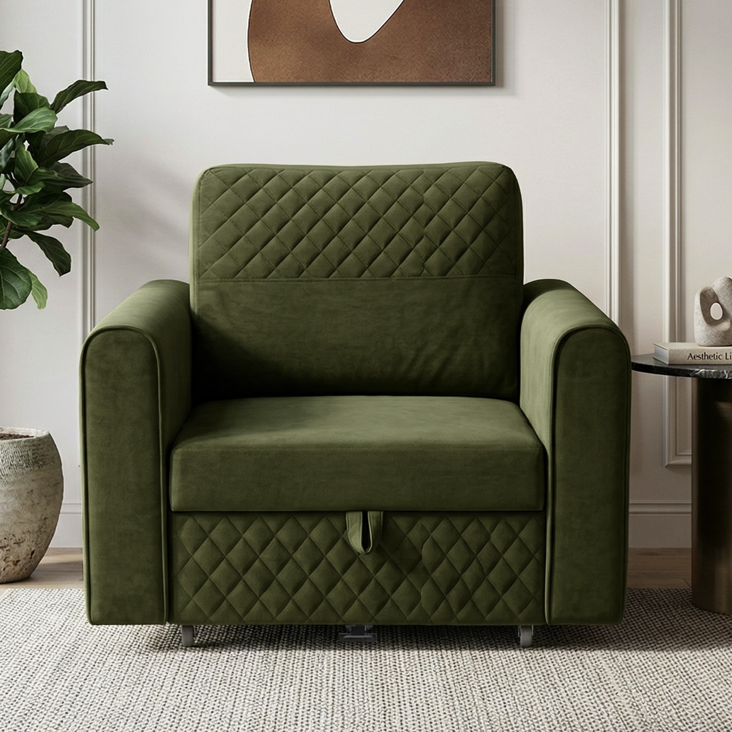 Baruna 1 Seater Velvet Pull Out Sofa Cum Bed with Storage In Green Color - Home Lifestylez
