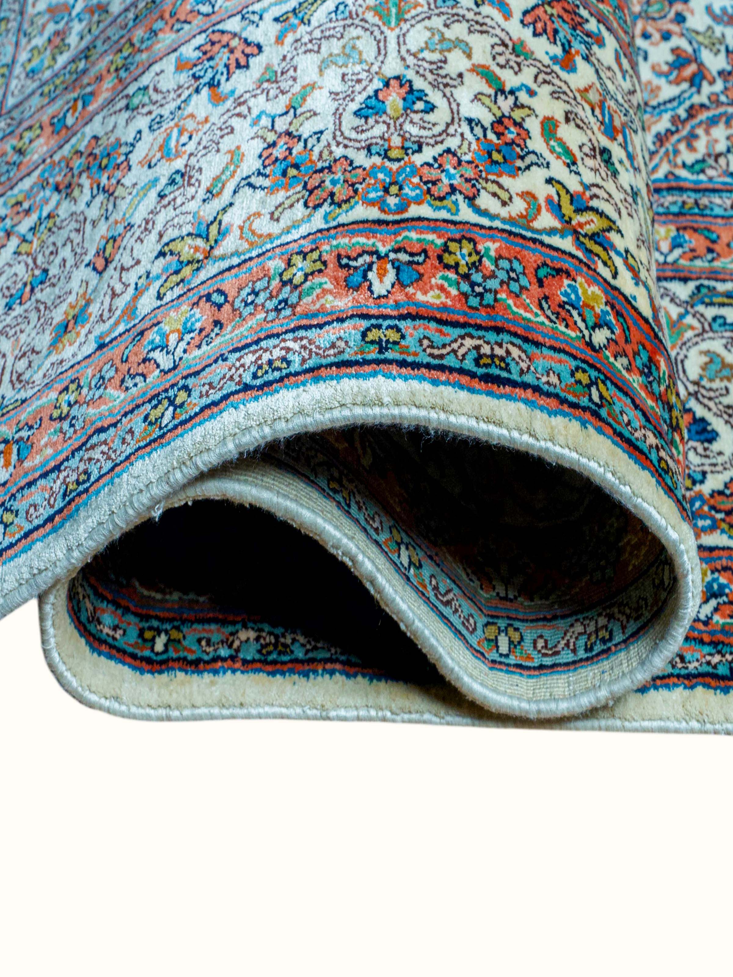 Traditional Persian Ivory Green Kerman Kashmir Silk Hand-Knotted Carpet