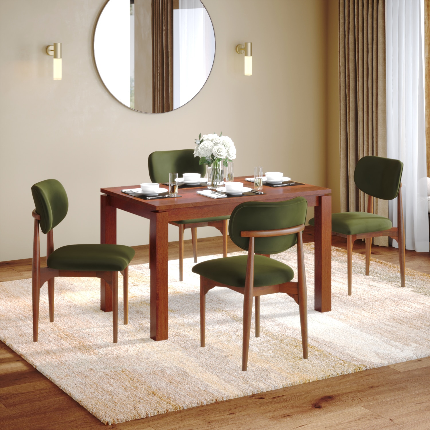 Atlas Solid Wood 4 Seater Dining Table With 4 Ollie Dining Chairs (Finish : Honey, Chair Colour : Deep Olive Velvet)