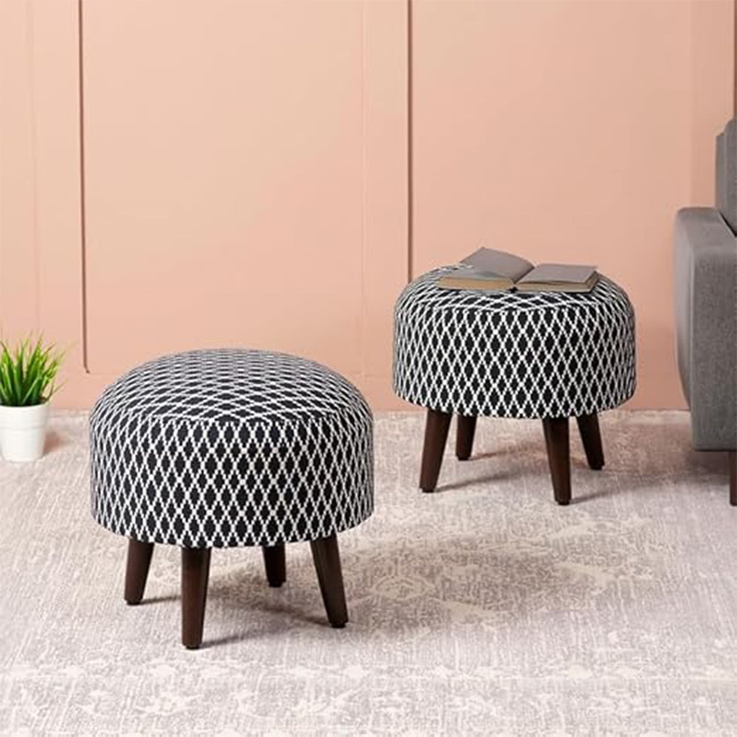Quad Jacquard Wooden Ottoman in Blue Color Set of 2 - Nestroots
