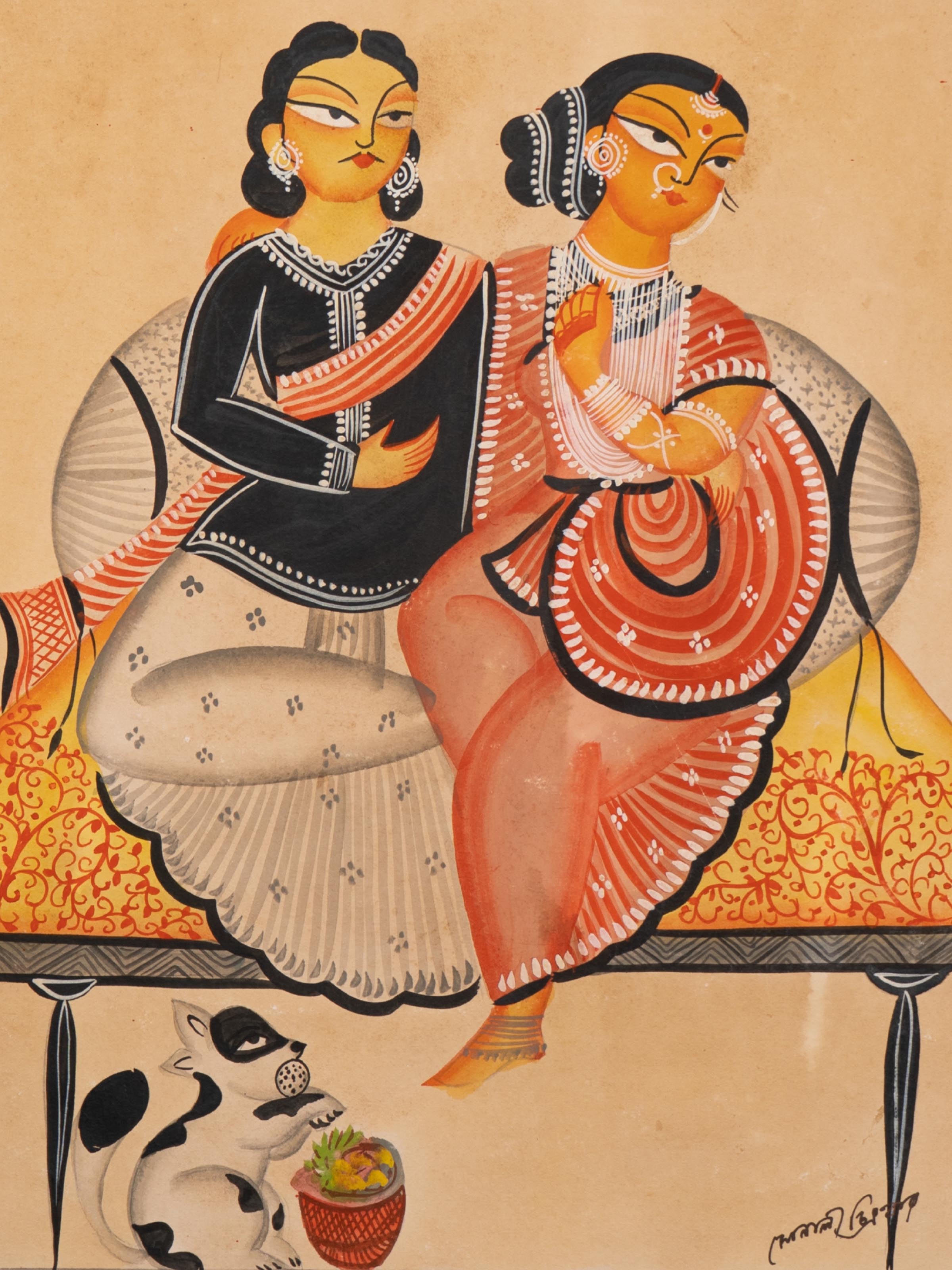 Detail close-up of Babu culture Kalighat painting showing brushwork