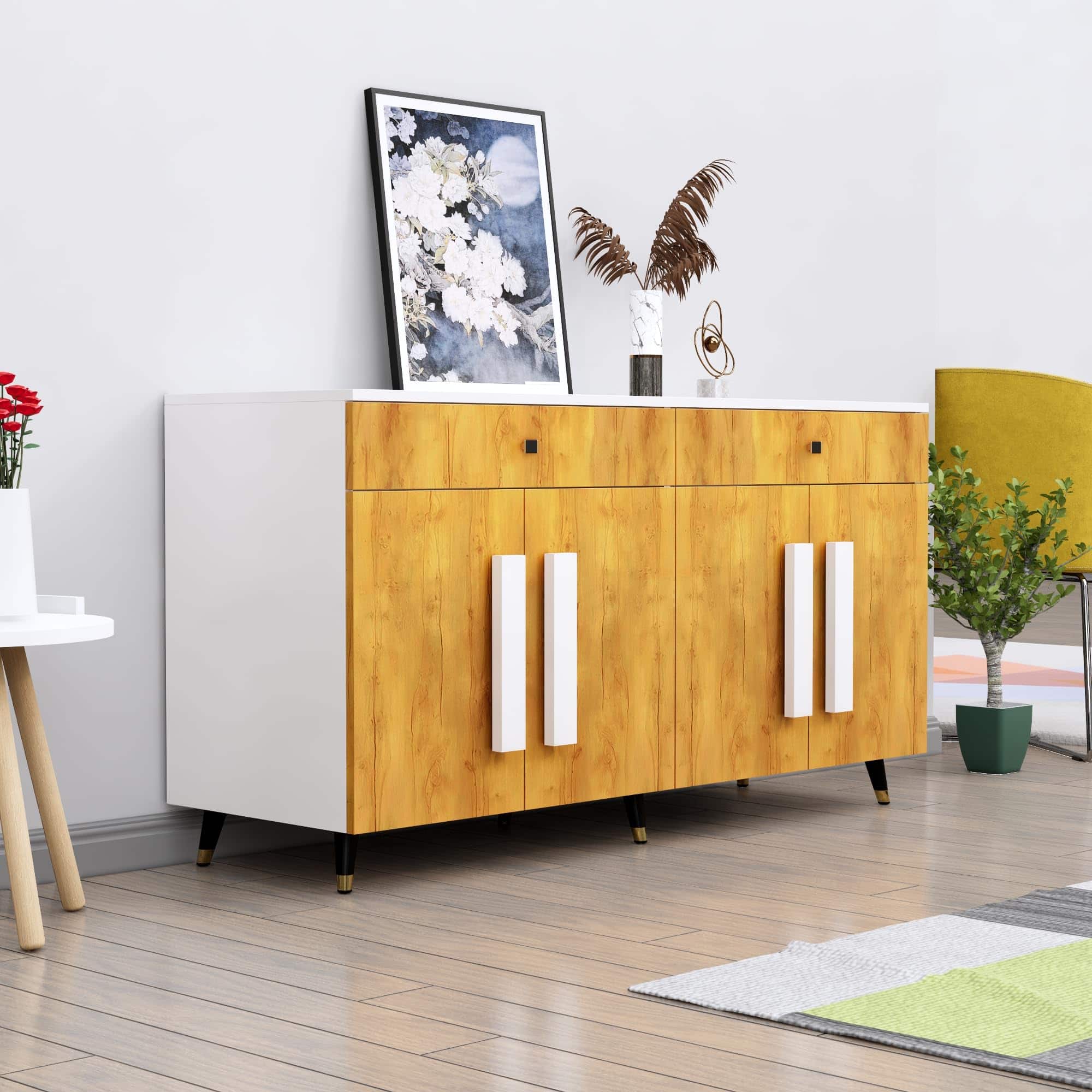 Hexa Red Multipurpose Storage Cabinet With 2 Drawer 4 Door in Frosty White And Giant Wood Colour - HexaRed