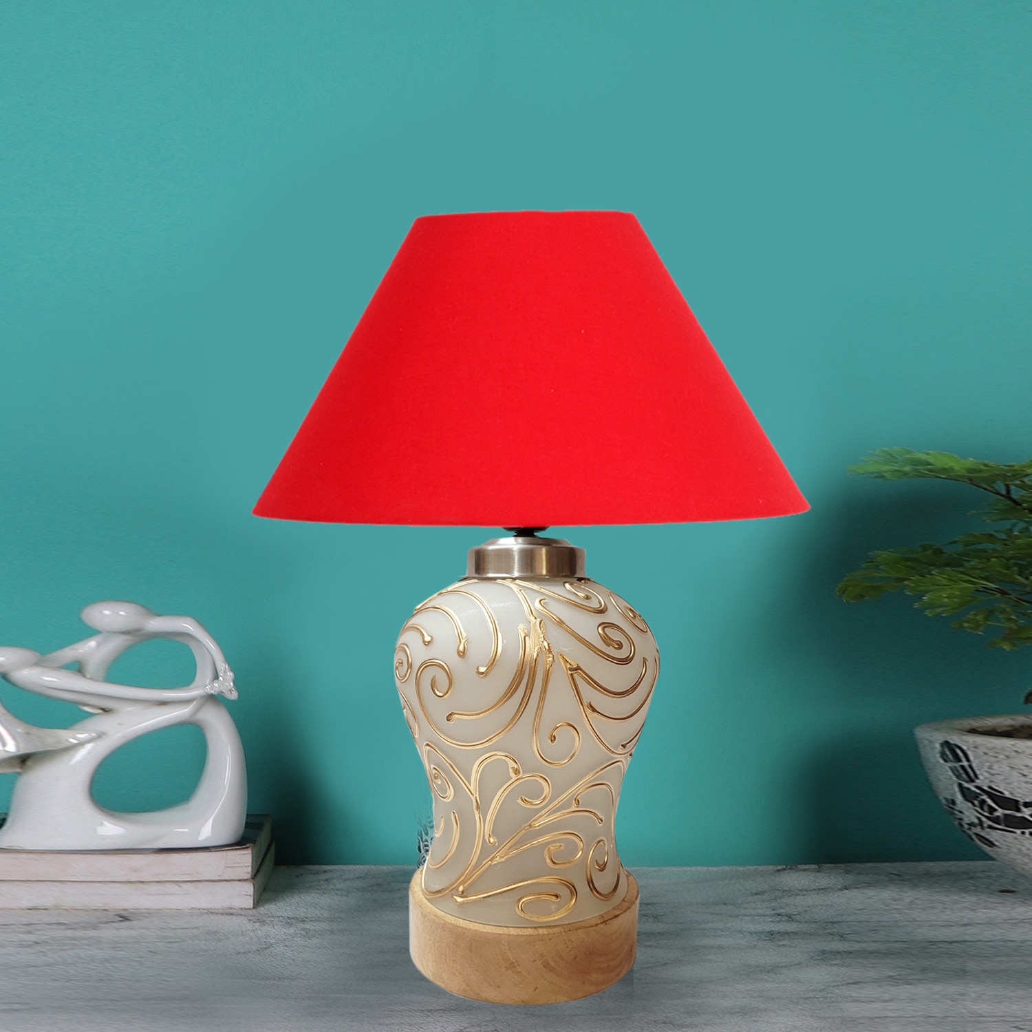 Devansh Conical  Red Cotton Shade  Lamp With  Wood & Mosaicglass Base For Decoration /Office/Home/Gifting/Study For Decoration /Office/Home/Gifting/Study -(10X10X14.5) Inches - - Devansh