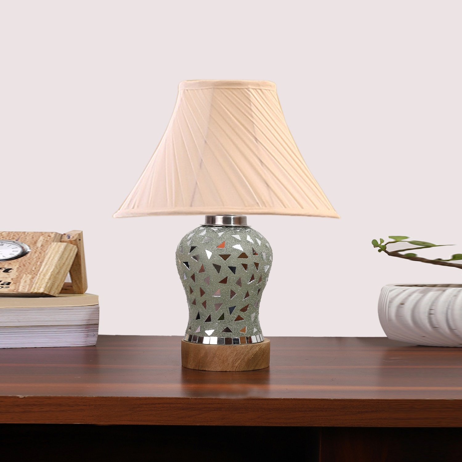 Devansh Off-White Cotton Shade Cross Pleated Lamp With Wood & Mosaic Glass Base For Decoration/Office/Home/Gifting/Study For Decoration/Office/Home/Gifting/Study