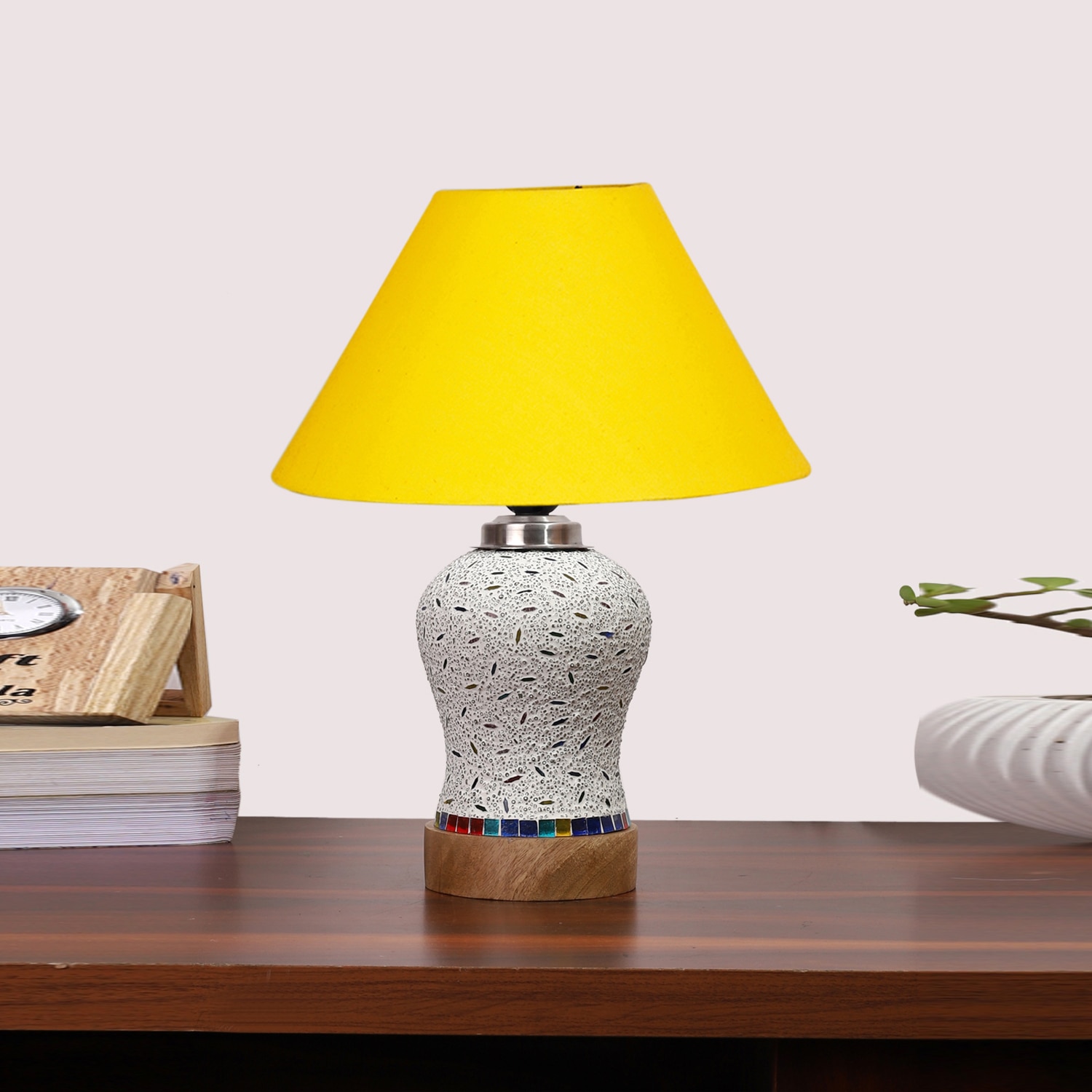 Devansh Conical Yellow Cotton Shade Lamp With Wood & Mosaic Glass Base For Decoration/Office/Home/Gifting/Study For Decoration/Office/Home/Gifting/Study -(10X10X14.5) Inches -A