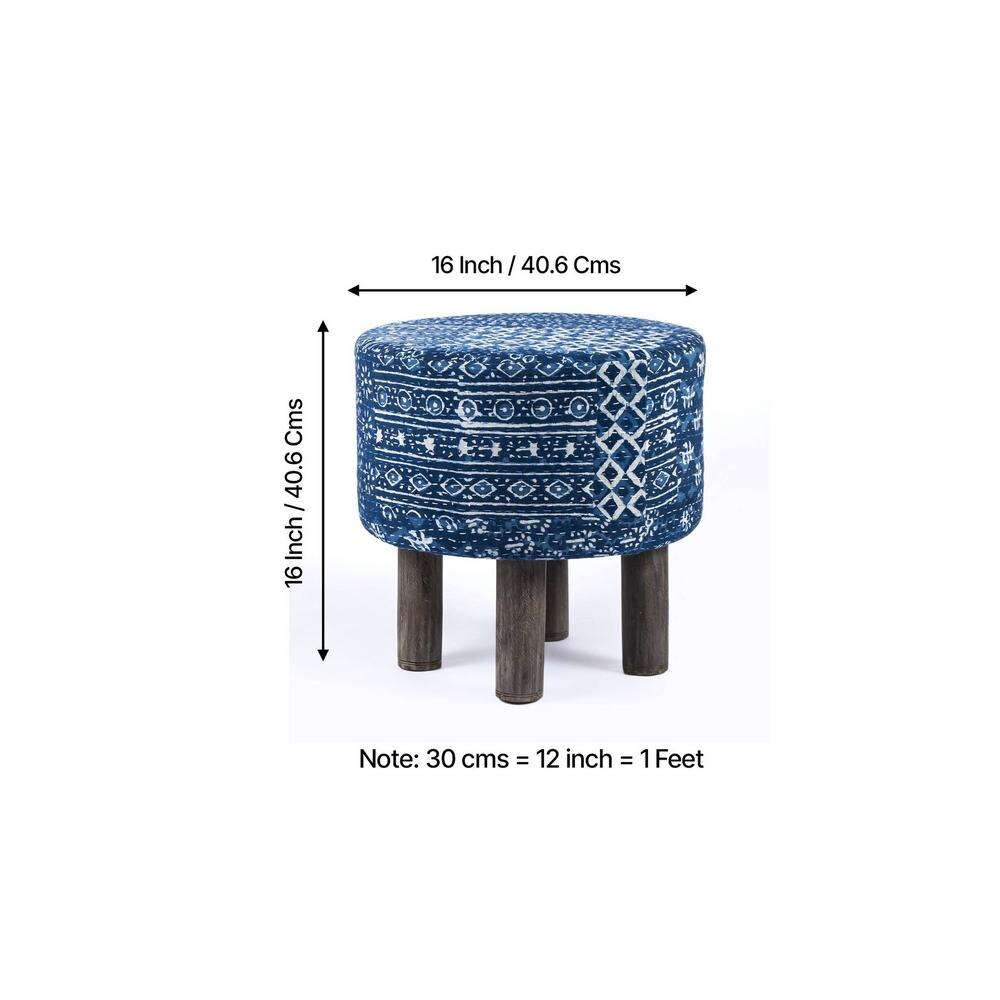 Morgan Solid Wood Pouf Stool in Indigo Patch Kantha Fabric