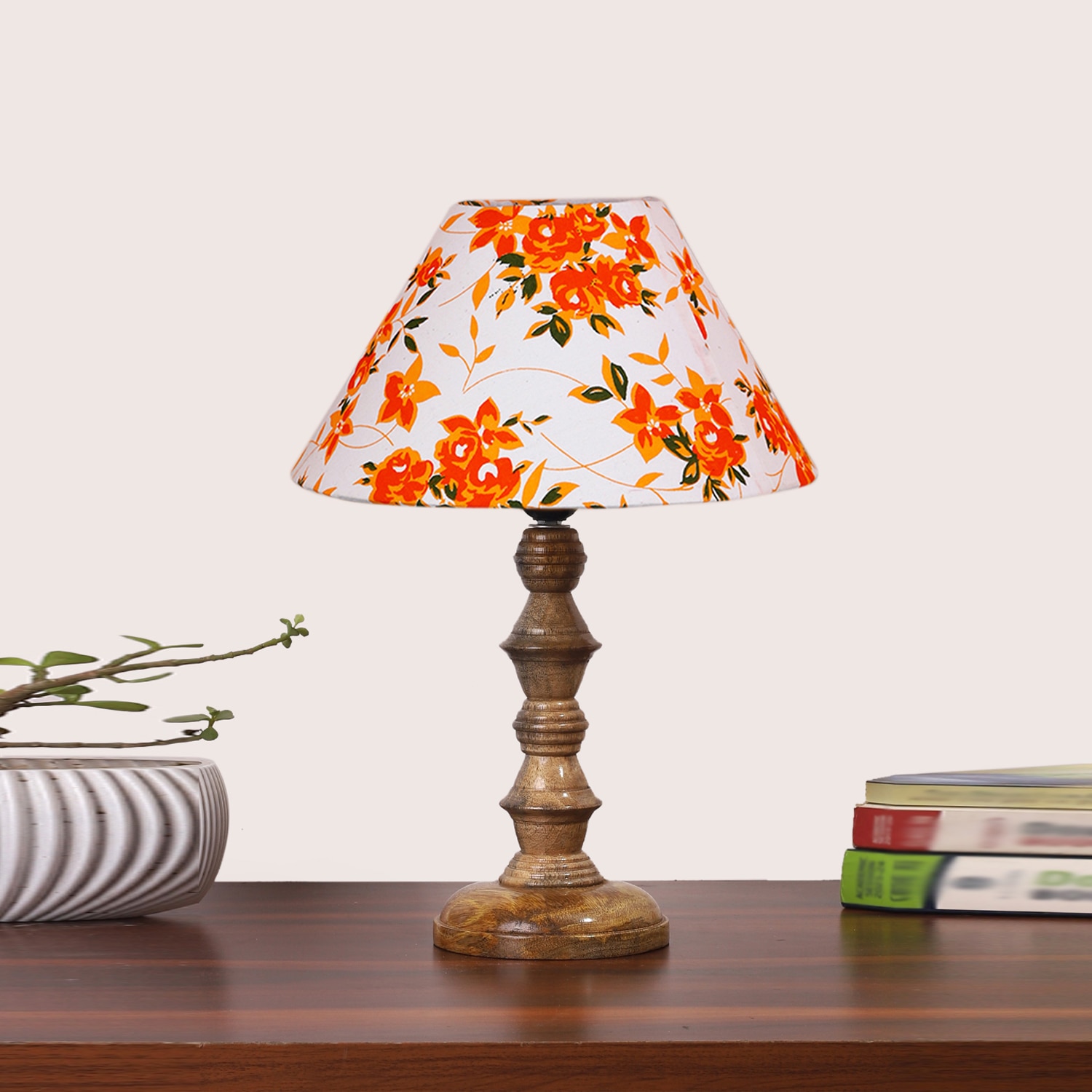 Devansh Multicolor Cotton Table Lamp With Wood Natural Base (10X10X16) Inches)-39