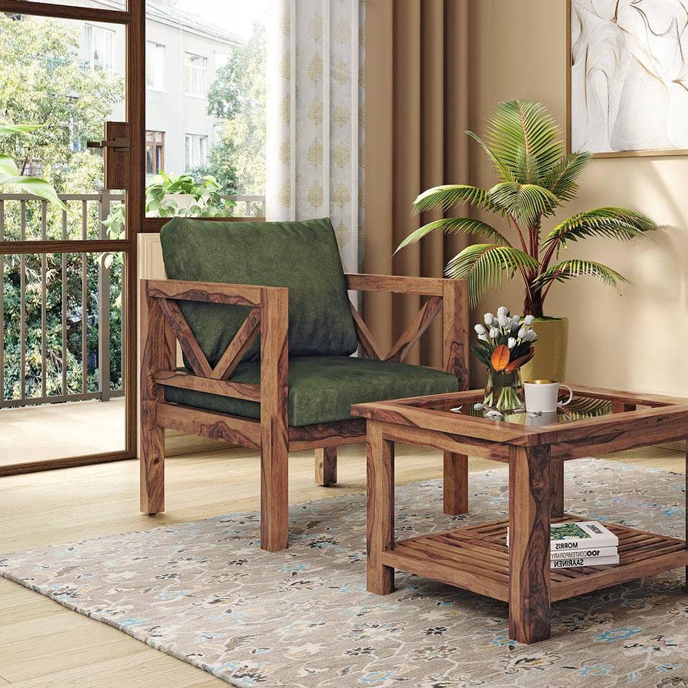 Alden 1 seater Wooden Sofa (Moss Green Velvet)