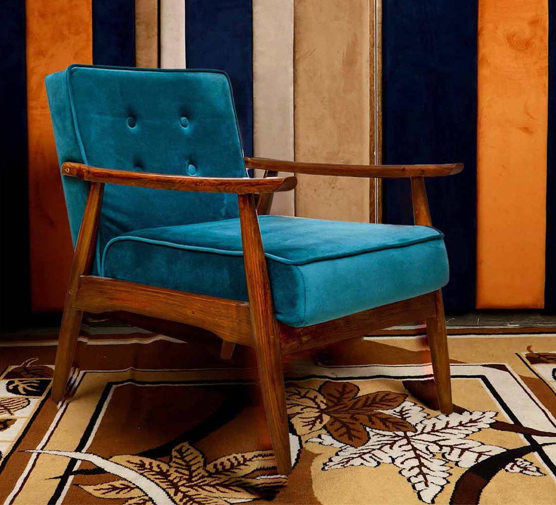 Armari Solid Wood Arm Chair in Blue Color - KURSIWALLAH