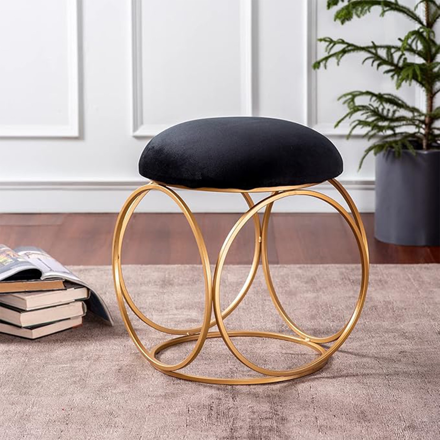 Classic Velvet Ring Metallic Stool in Black Color - Nestroots