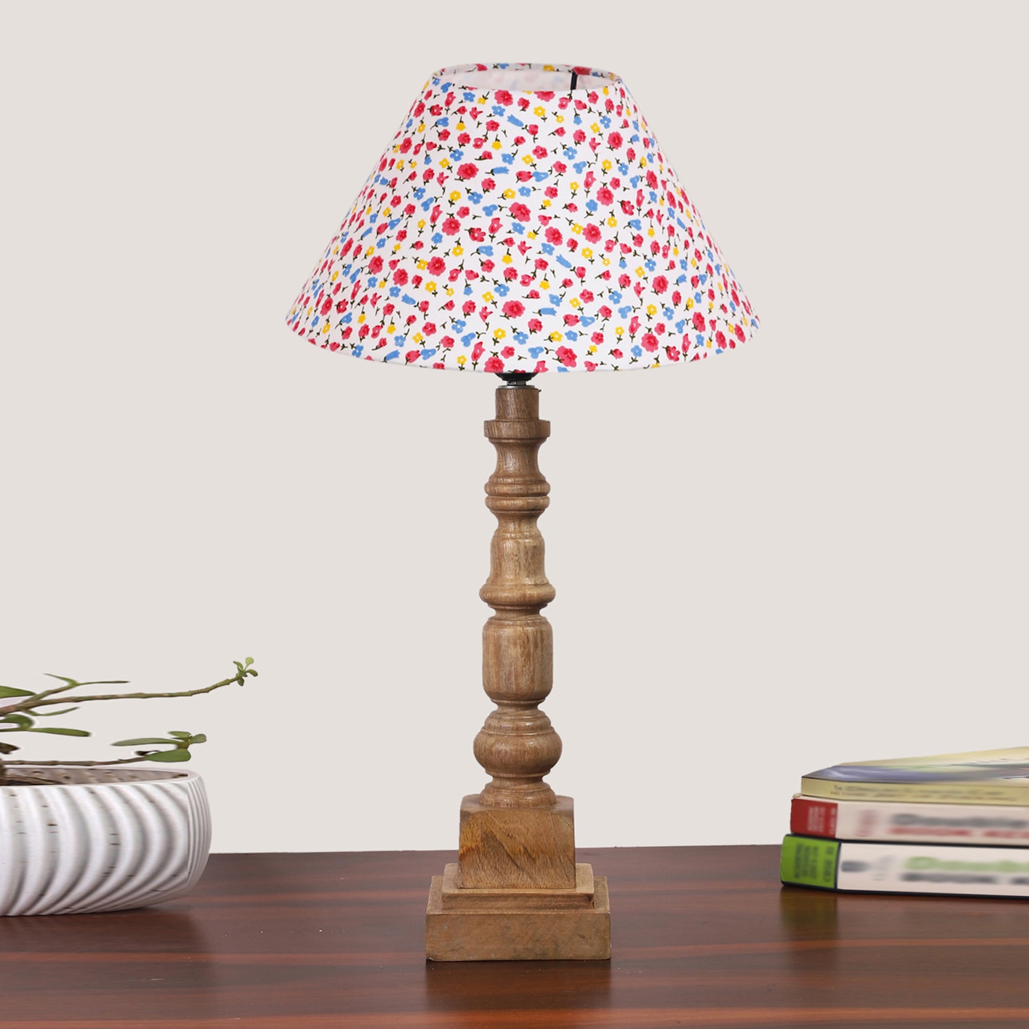 Devansh Multicolor Cotton Table Lamp With  Wood Natural Base (10X10X21 Inches)-40