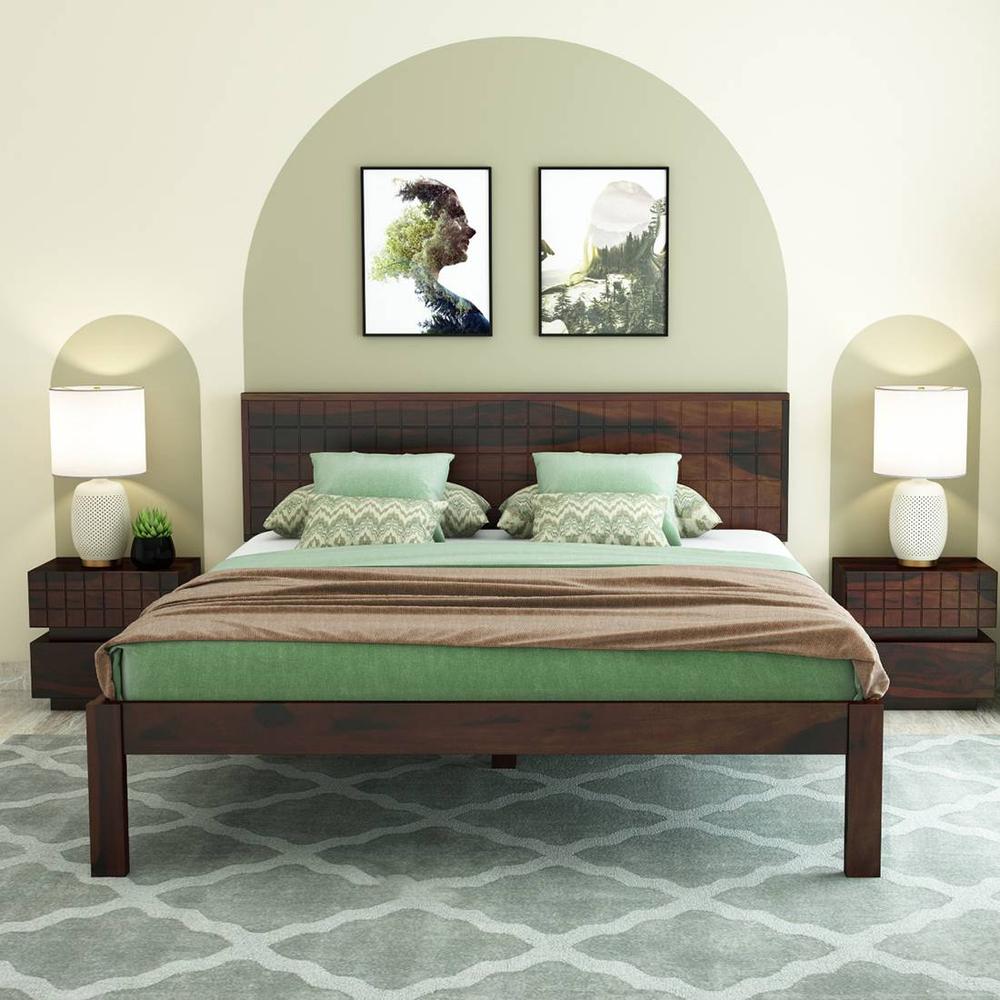 Esra Solid Wood Queen  Size Bed Without Storage (Walnut Finish) - Woodenmood