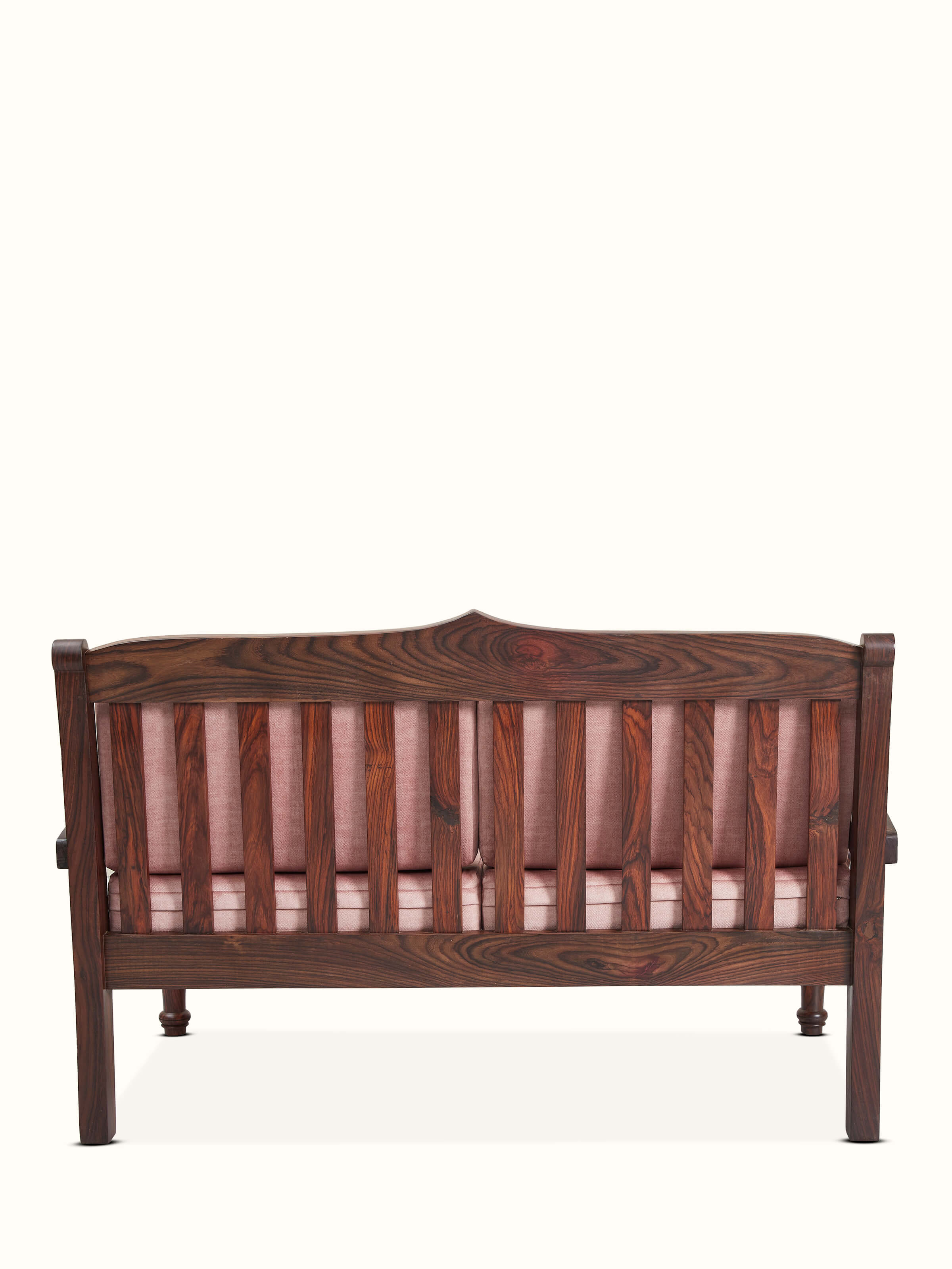 Angled view of the Mysore Rosewood inlaid 2-seater sofa, showcasing the detailed craftsmanship and the sophisticated upholstery.