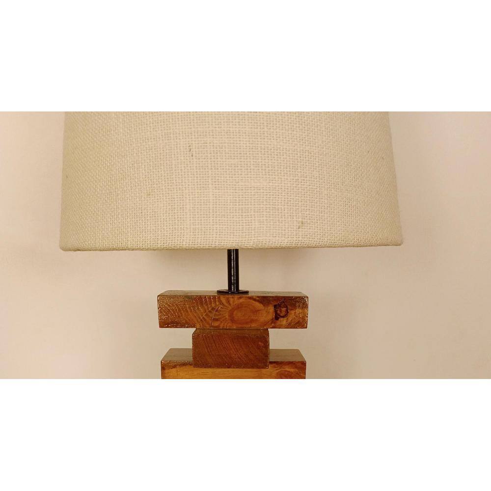 Libra Brown Wooden Table Lamp with White Fabric Lampshade