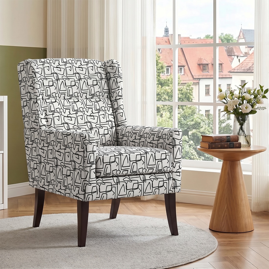 Joan Printed Canvas Geometry Fabric Wing Chair in White Colour - KURSIWALLAH