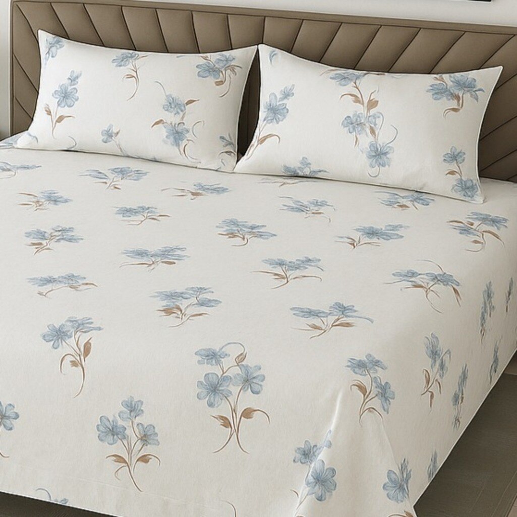 White Floral 400 TC Cotton Flat Super King Size Bedsheet With 2 Pilllow Covers From Threads