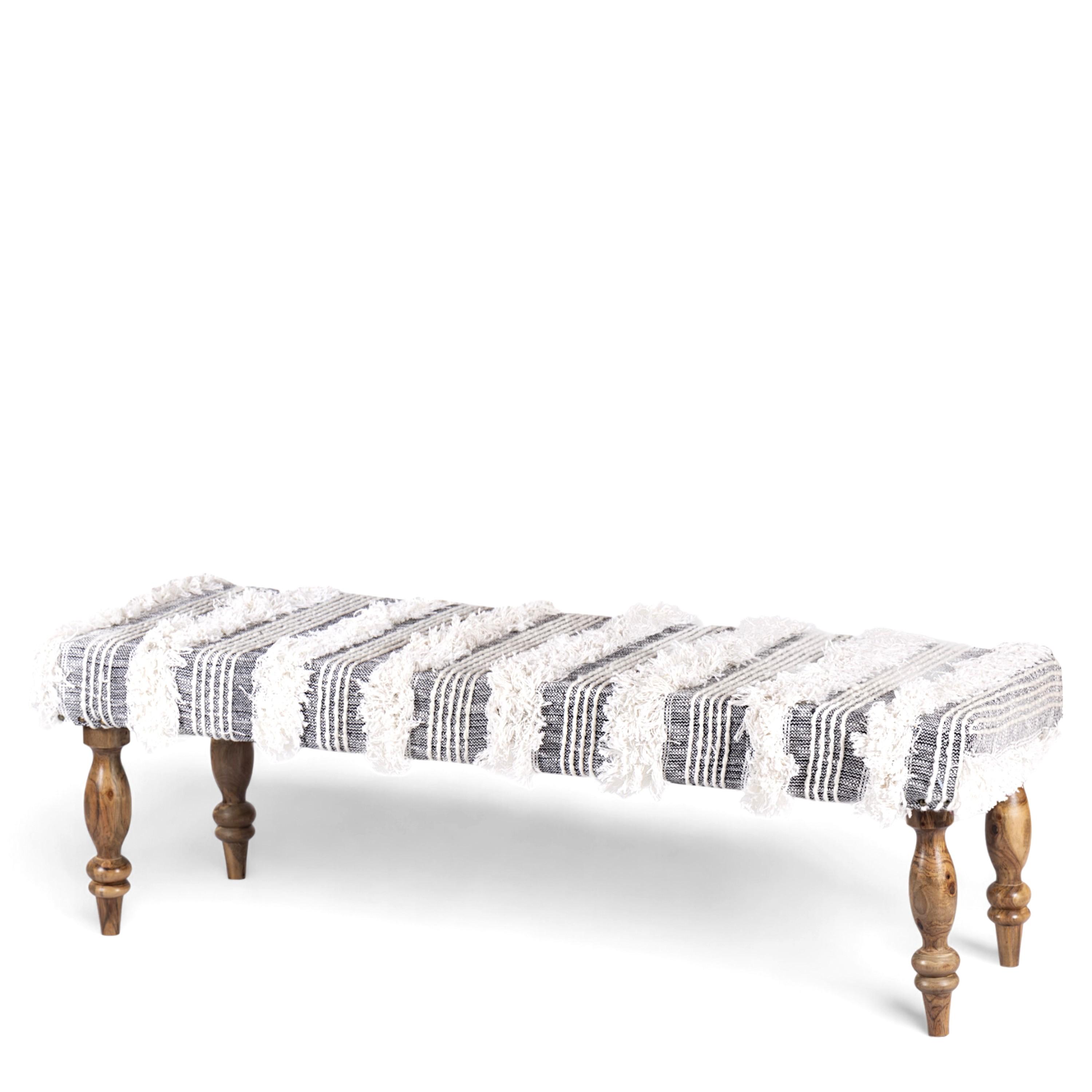 Cairo Sheesham Wood Accent 3 Seater Bench In Grey Fabric