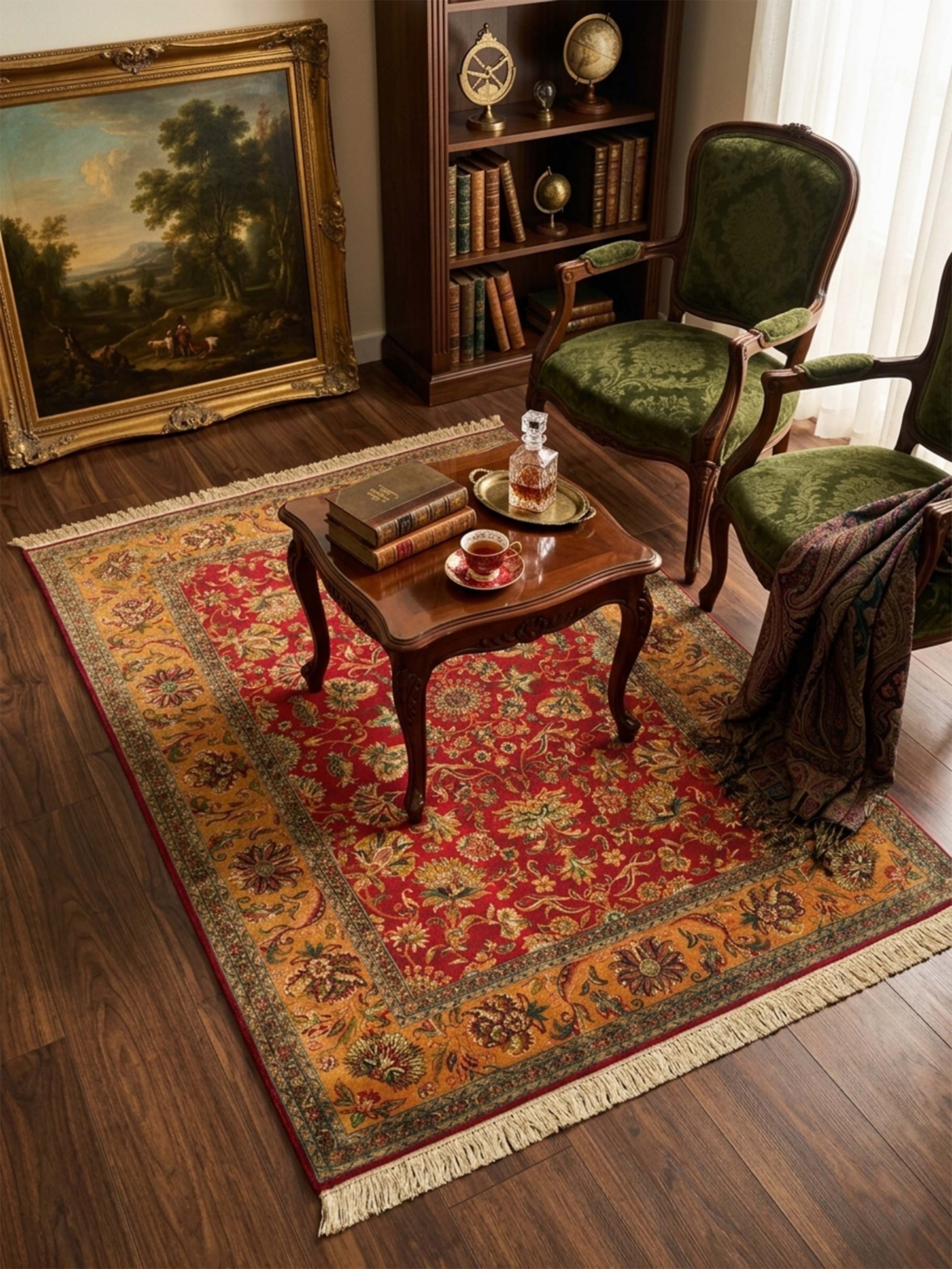 Traditional Persian Red Gold Kashan Kashmir Silk Hand-Knotted Carpet