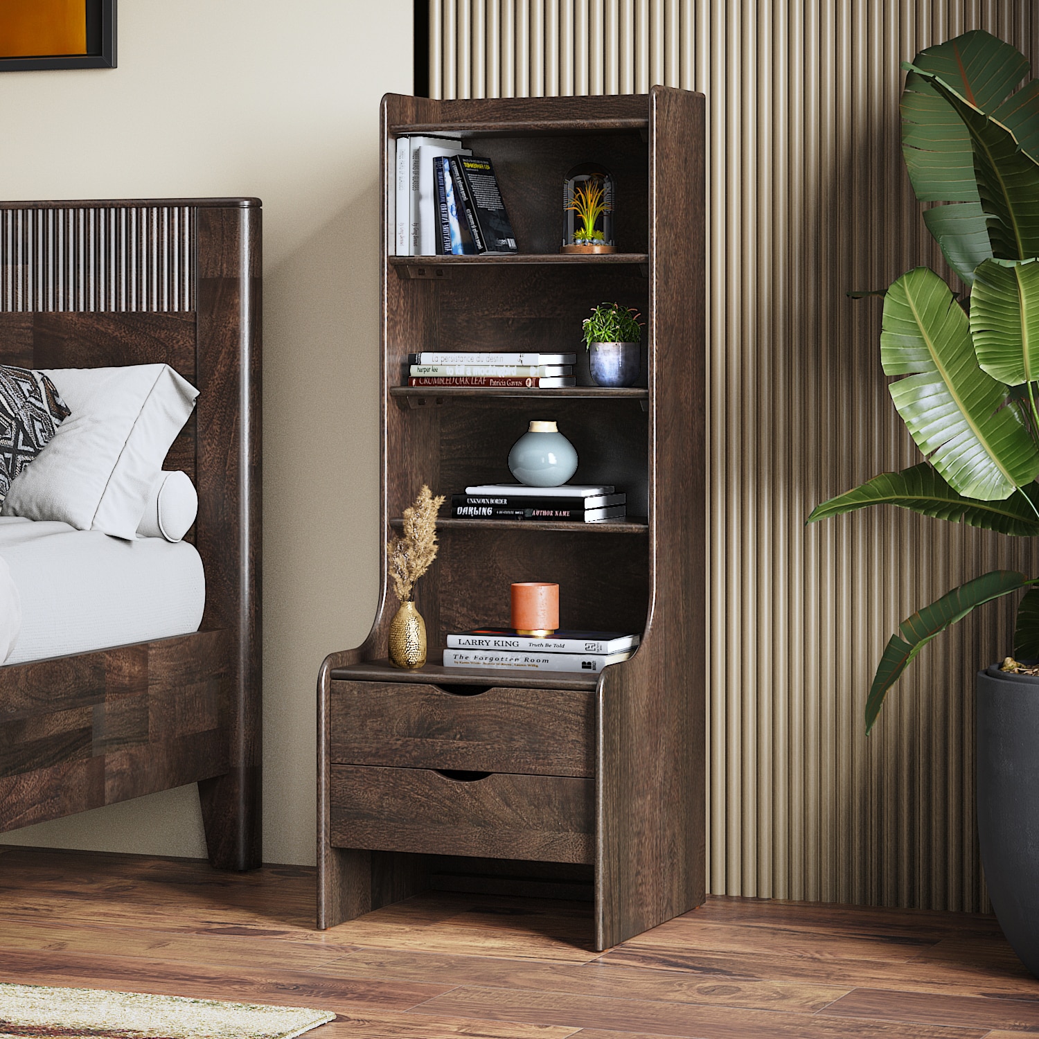 Cove Solid Wood Tall Bedside Table in Dark Chestnut Finish