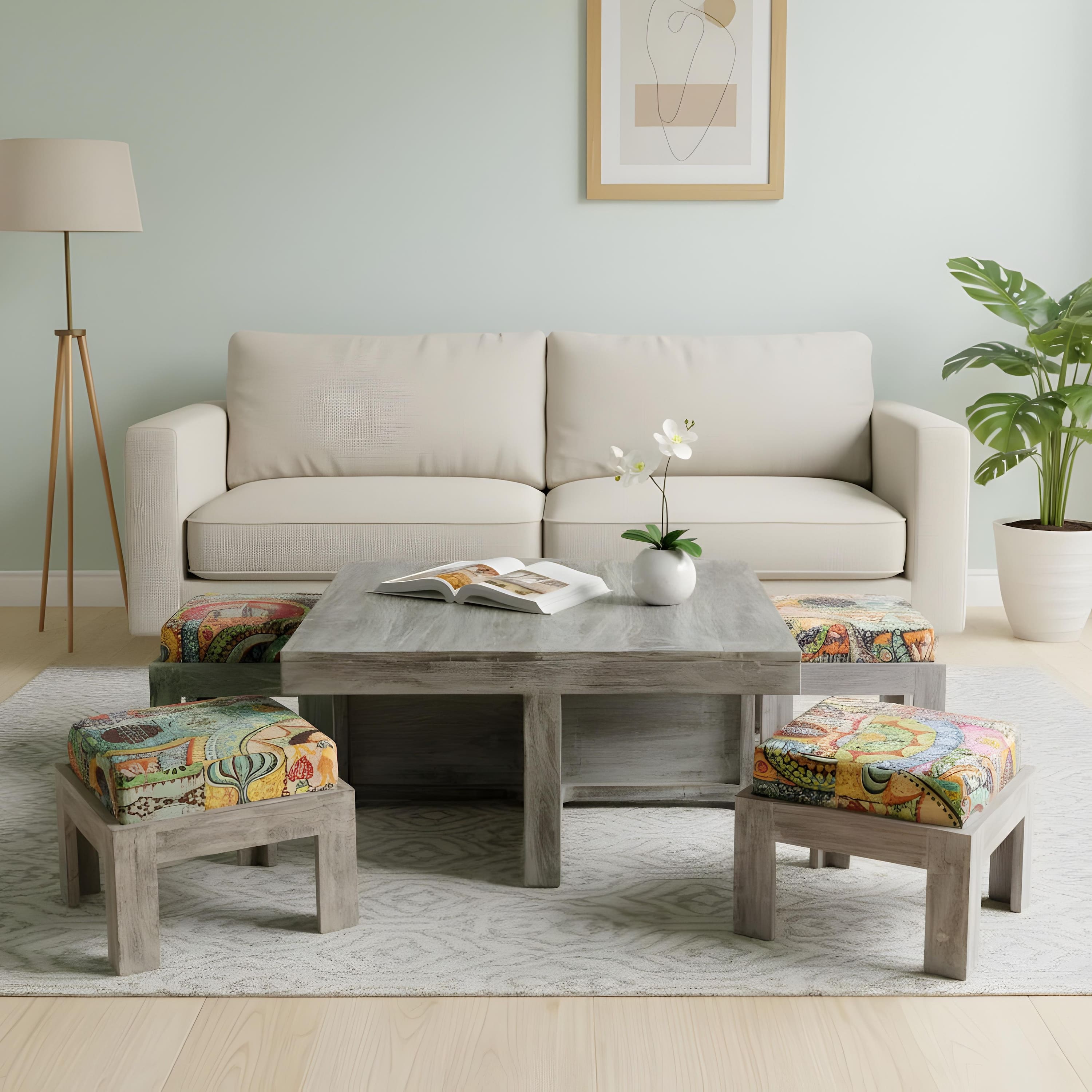 Blane Sheesham Wood Country Side Coffee Table Set With 4 Stools In Antique Multi-Colour Finish