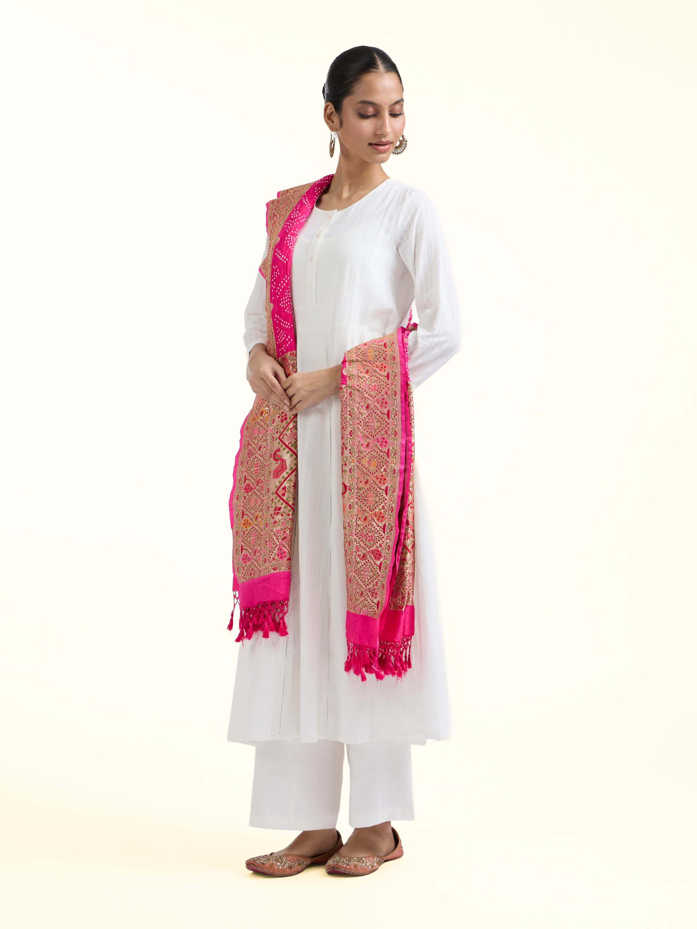 Side view of Dark Pink Bandhani Tie & Dye Silk Dupatta highlighting the detailed craftsmanship and elegant silhouette