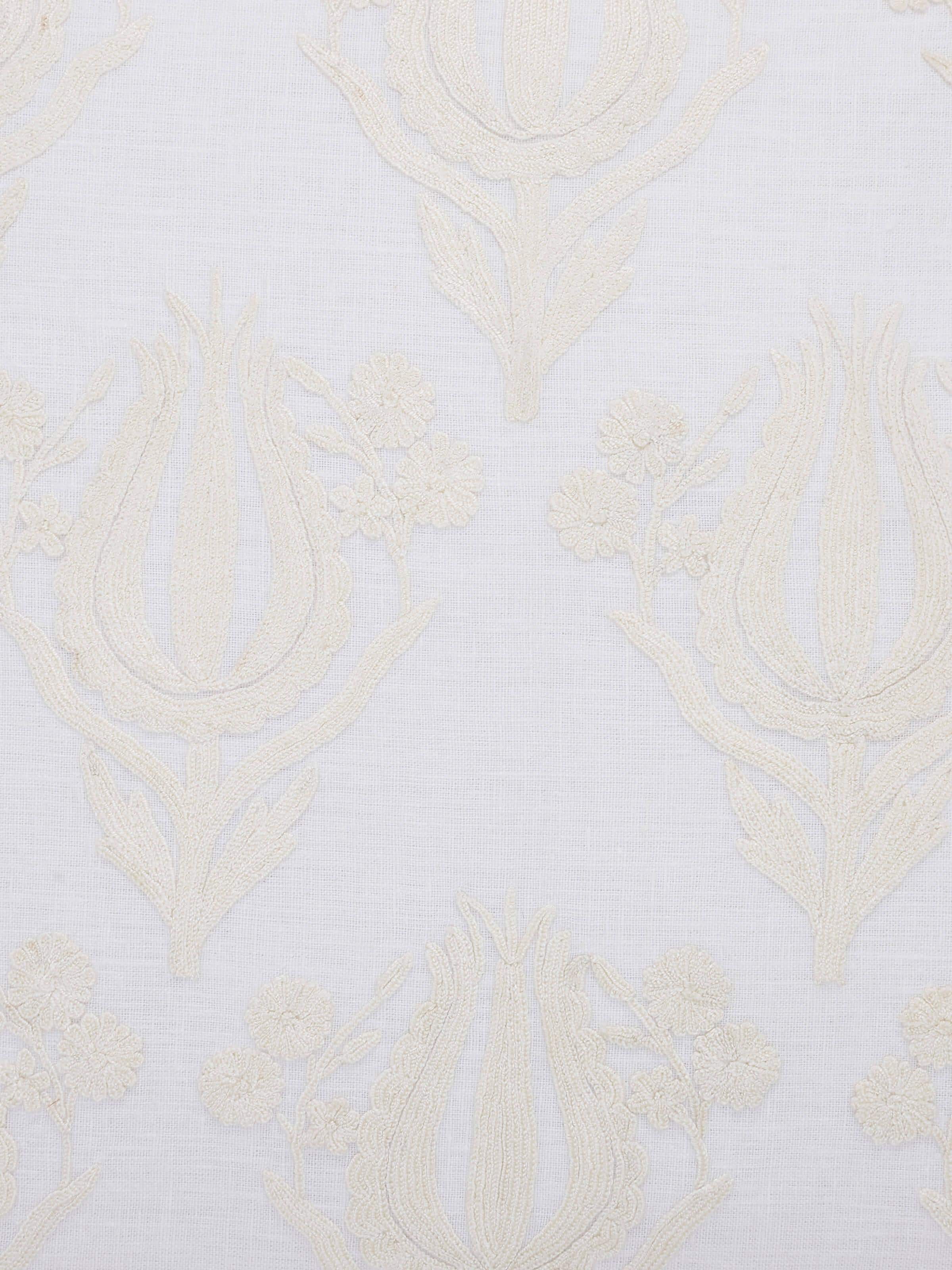 Close-up of embroidery, showcasing the traditional chain stitch and fabric weave.