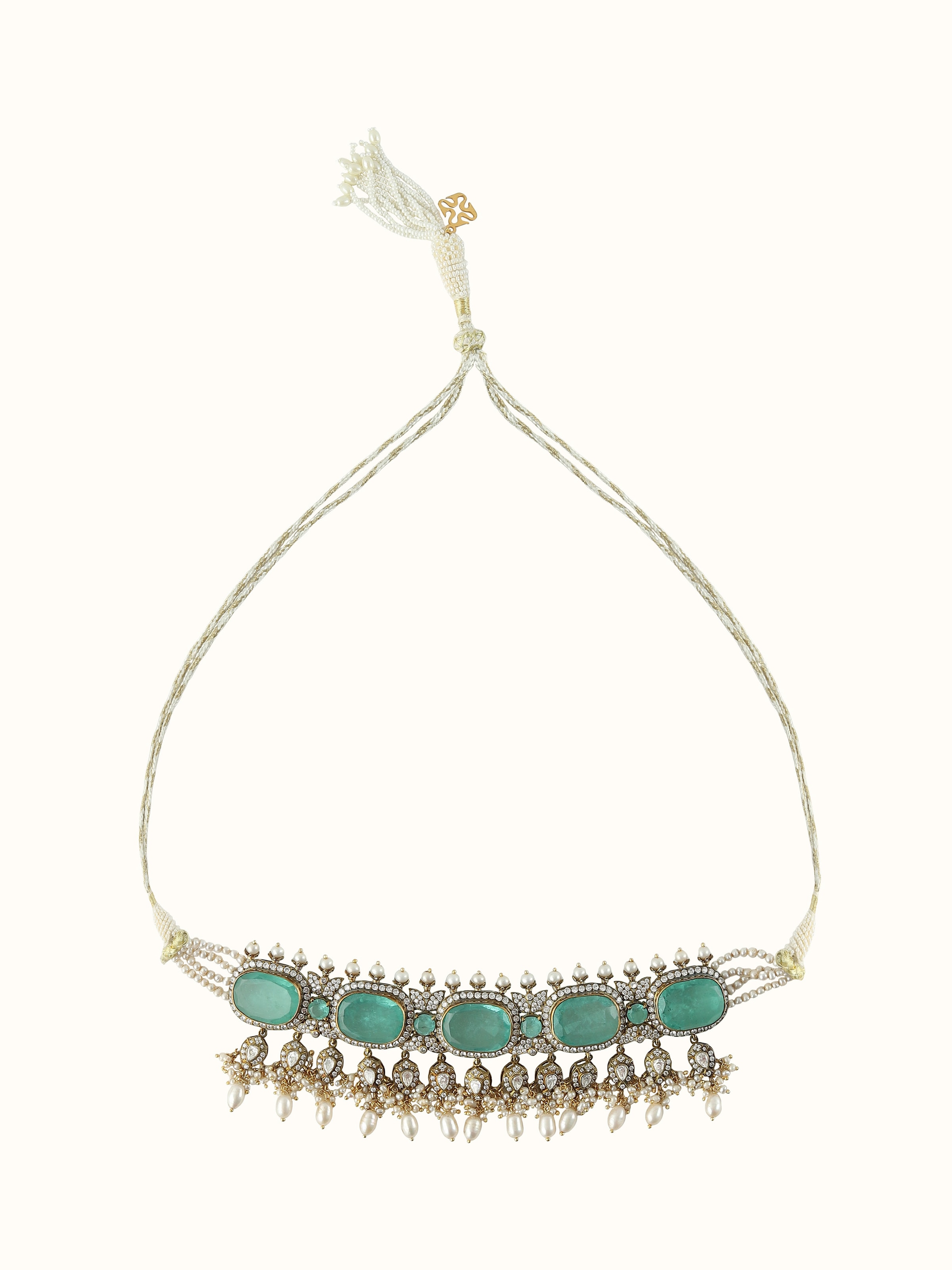 Front view of silver smithing choker with geometric handcrafted detailing and tribal-inspired accents.