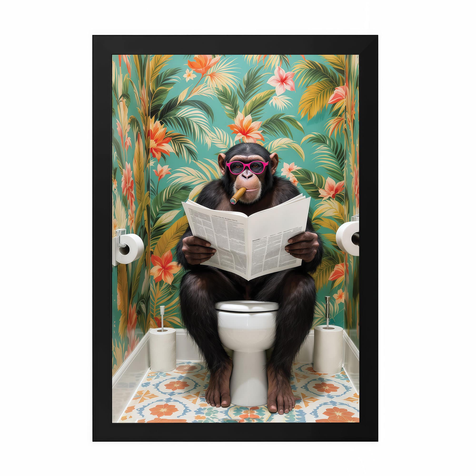 The Castle Decor Funny Chimpanzee Reading Newspaper Bathroom Wall Art 8x12 Inch - The Castle Decor