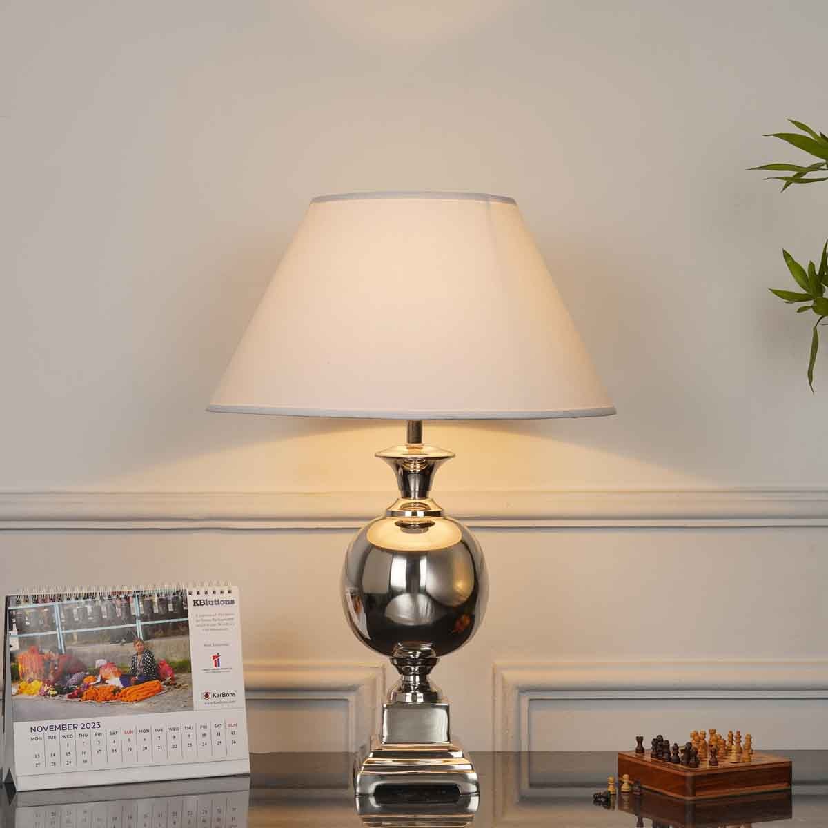 Faris Nickel Finish Metal Table Lamp With White Cotton Shade