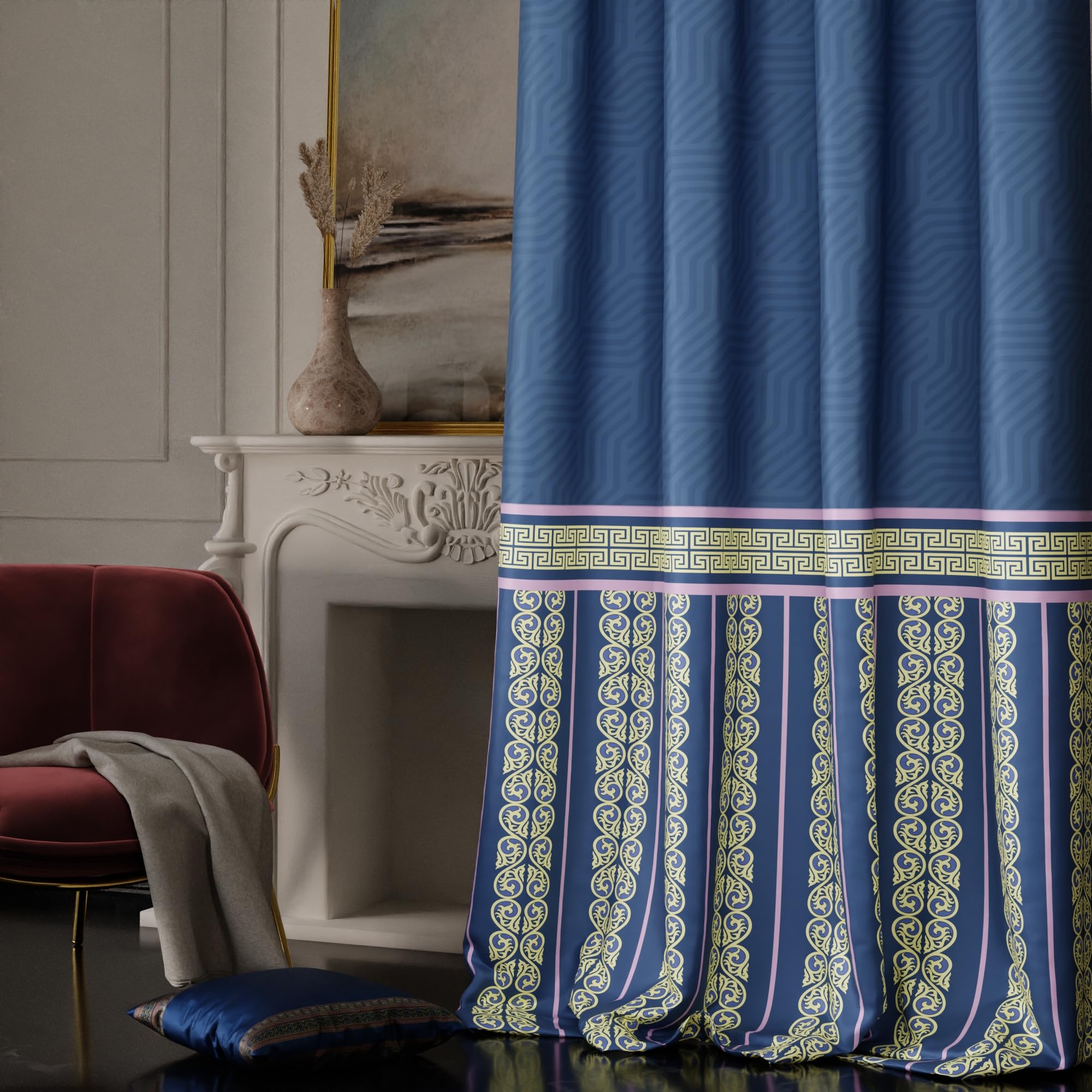 Stoa Paris Satin Long Door Curtain, 70% Blackout Curtains, Sun Protection, Set of 1, Versailles - Blue Monarch - Stoa Paris