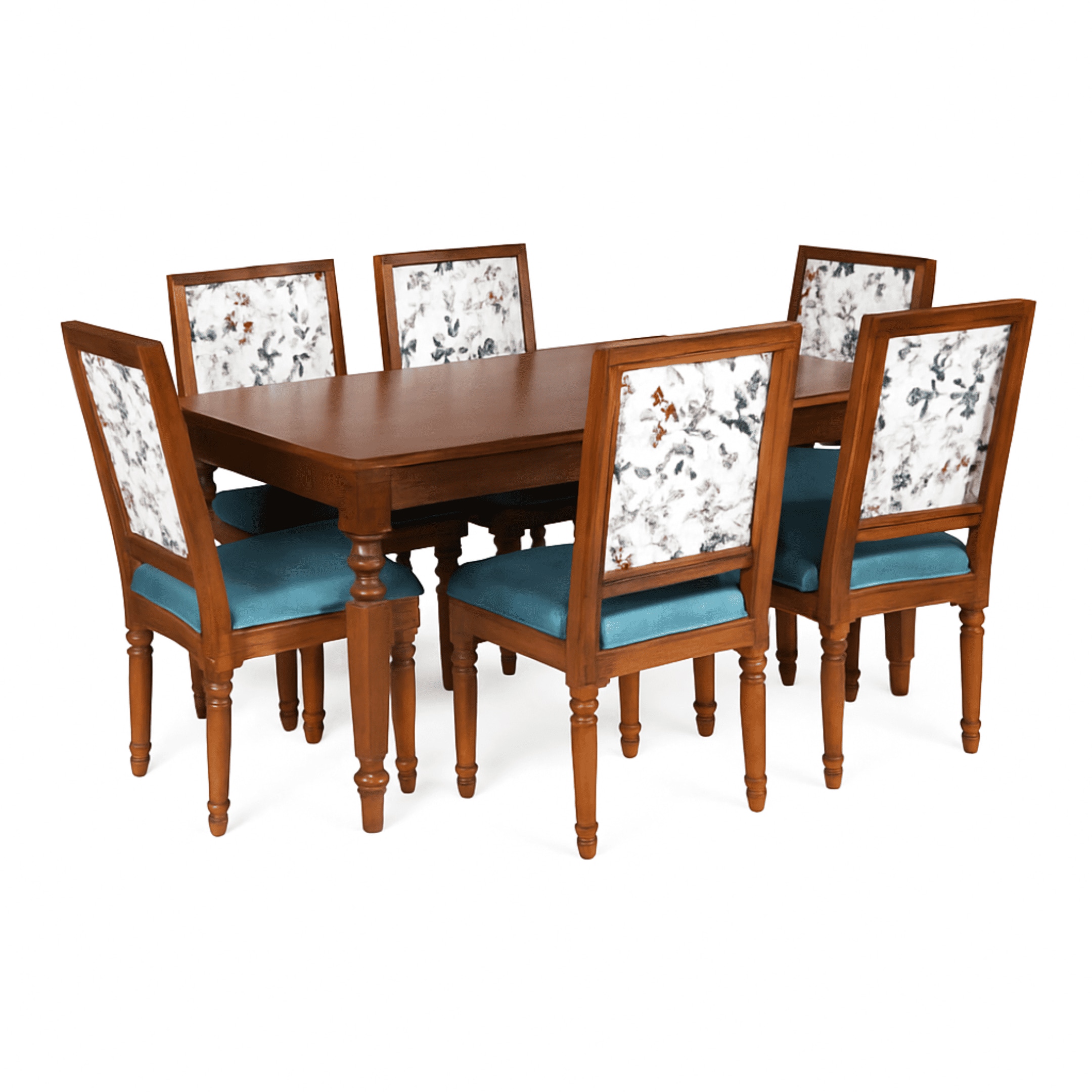 Globally Indian Sheesham Wood Turning Leg 6 Seater Dining Table Set With 6 Solid Wood Upholstered Chairs –  In Blue Color