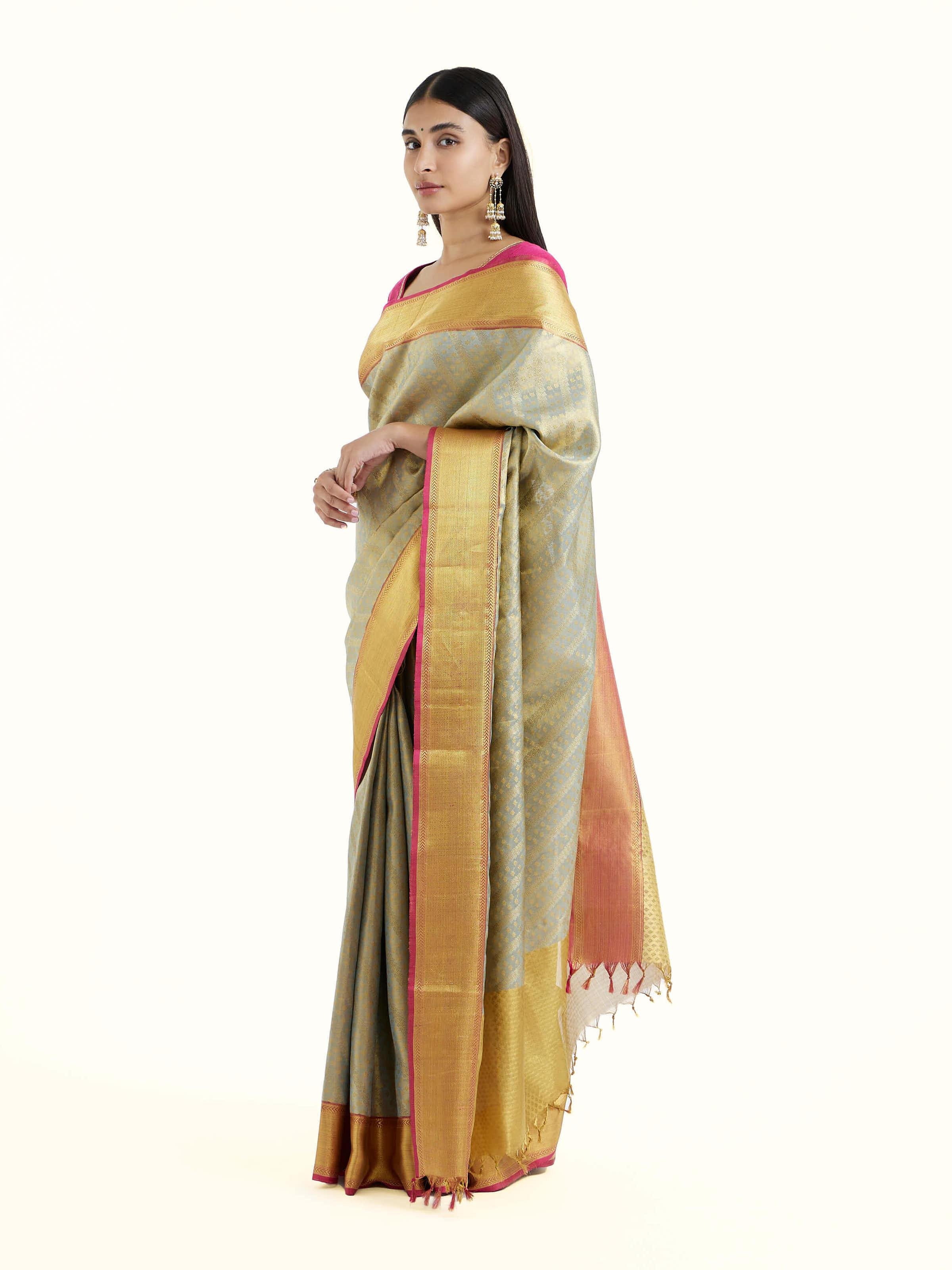 Side view of pista silk Kancheepuram saree showcasing silk sheen