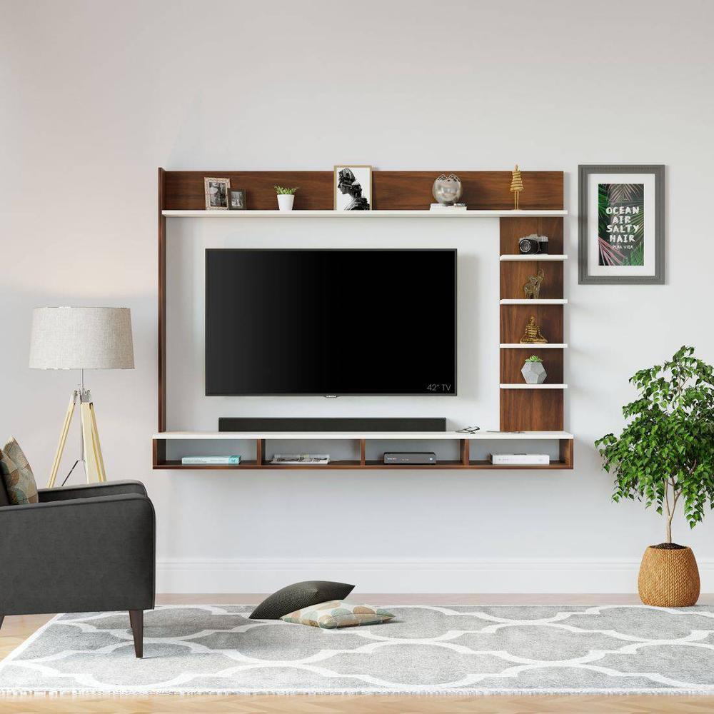 Primax Grande Engineering Wood Wall Mount TV Entertainment Unit Set Top Box Stand/TV Cabinet with Shelves for Books & Décor Display Unit Bed Living Room Upto 50 Inches (Brown Maple & White)