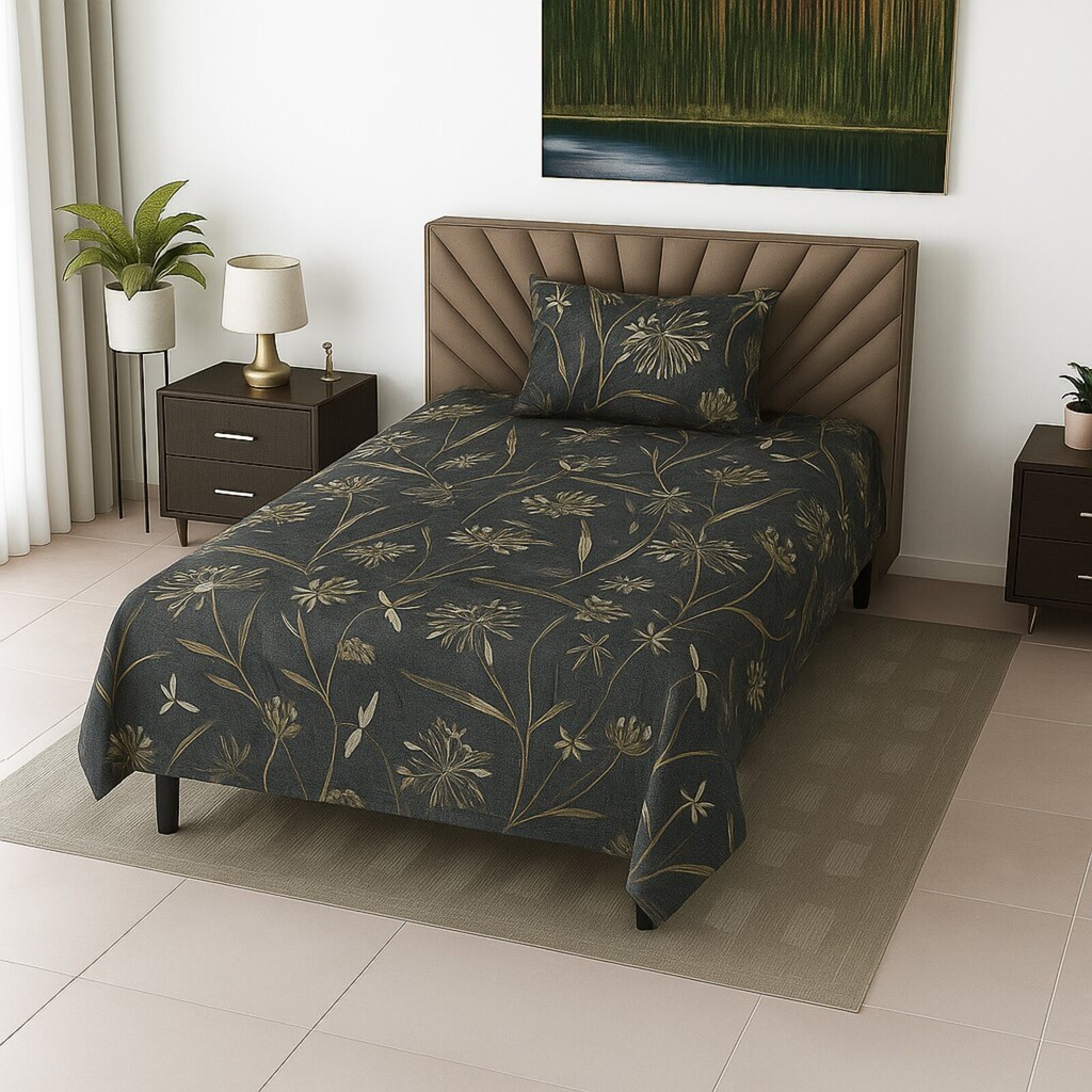 Dark Green Floral 210 TC Mix Cotton Flat Single Bed Size Bedsheet With 1 Pillow Cover From Threads