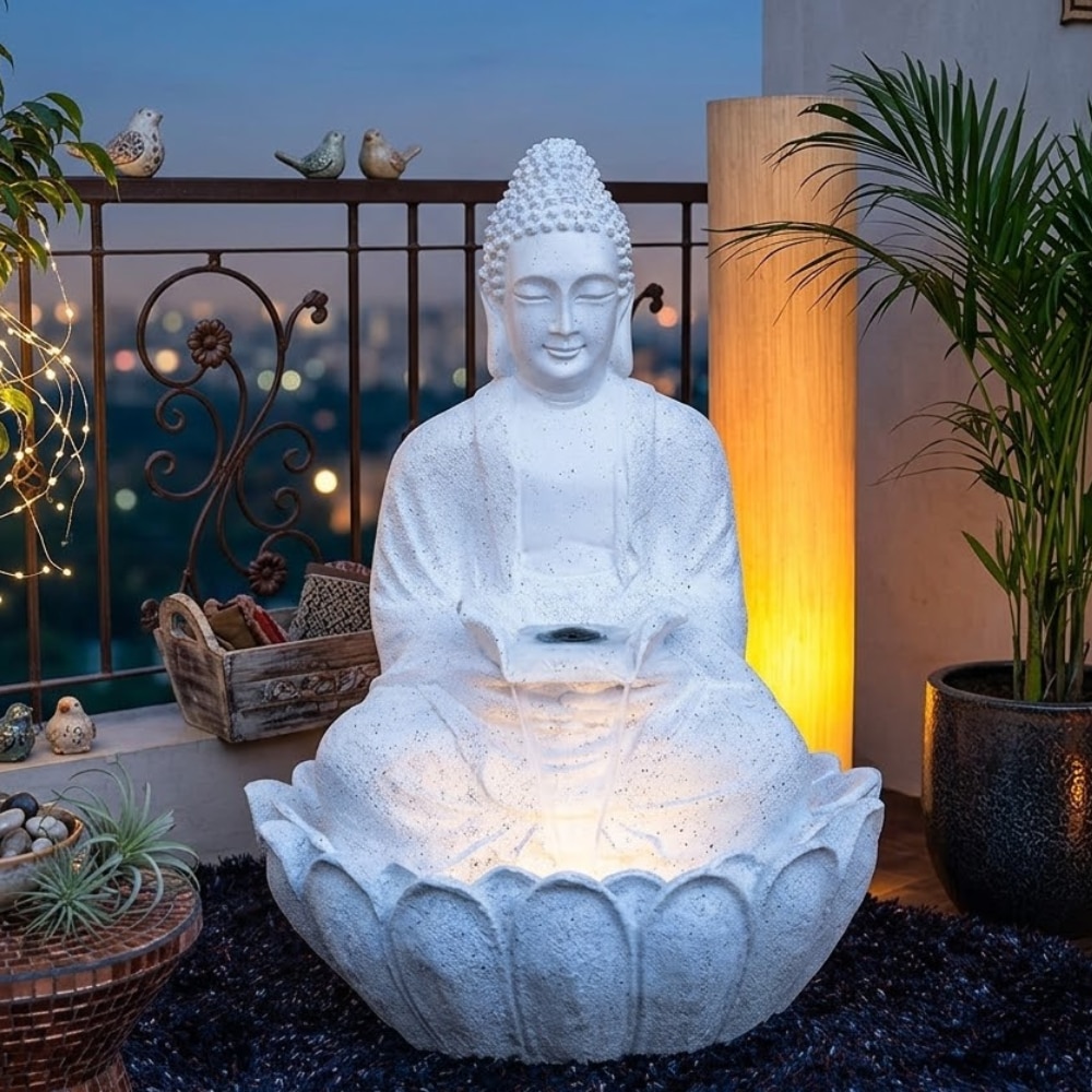 White Fiber Glass Avignon Lotus Buddha Indoor Water Fountain - Expleasia