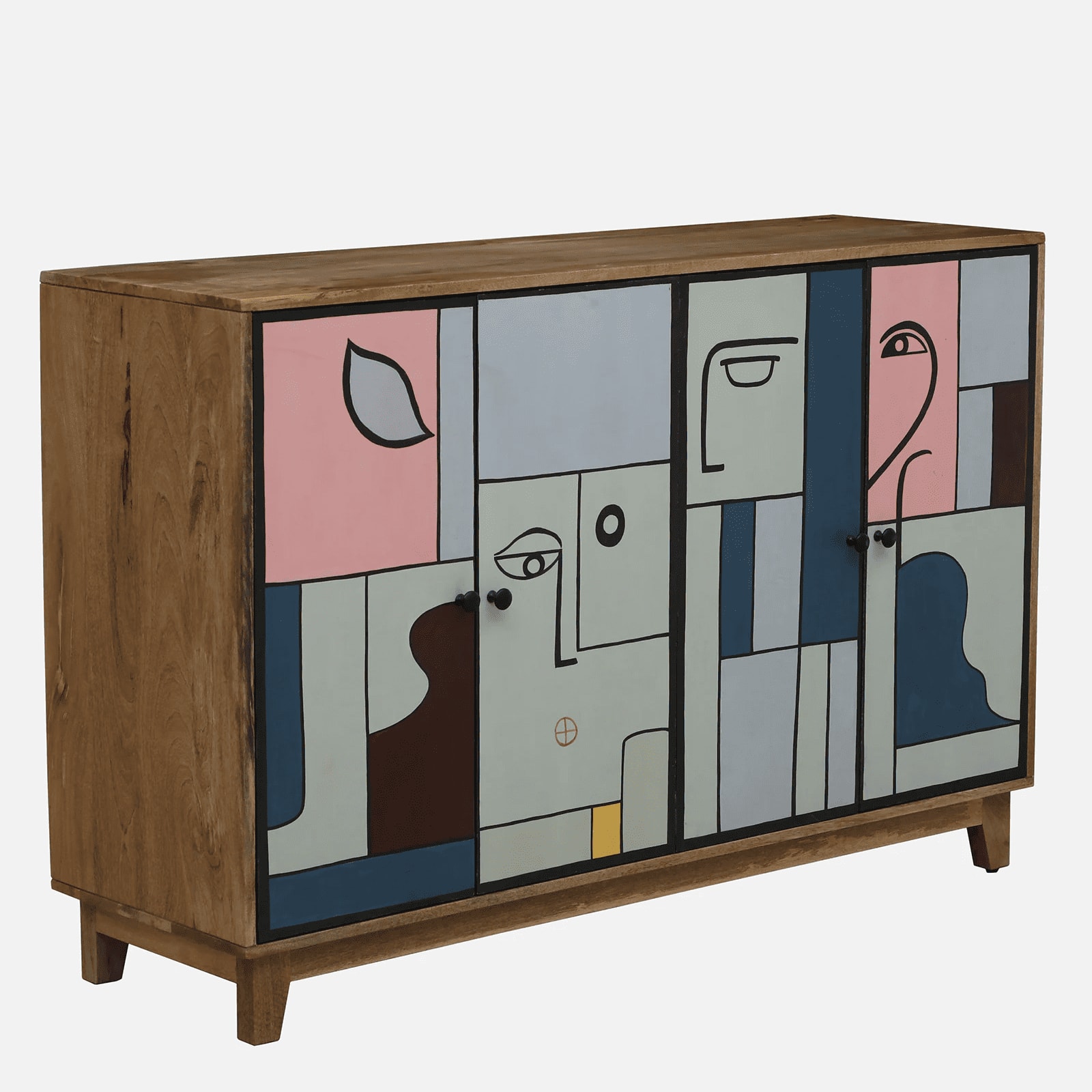 Tulisa Mango Wood Hand Painted Multicolor 4 Door Cabinet In Natural Finish