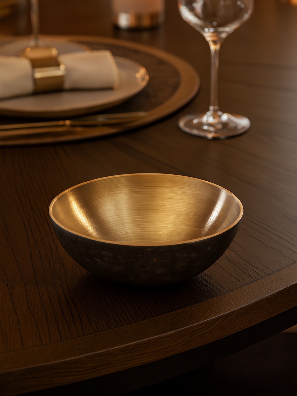 Lifestyle view of Glass-finished Bell Metal Dinner Bowl